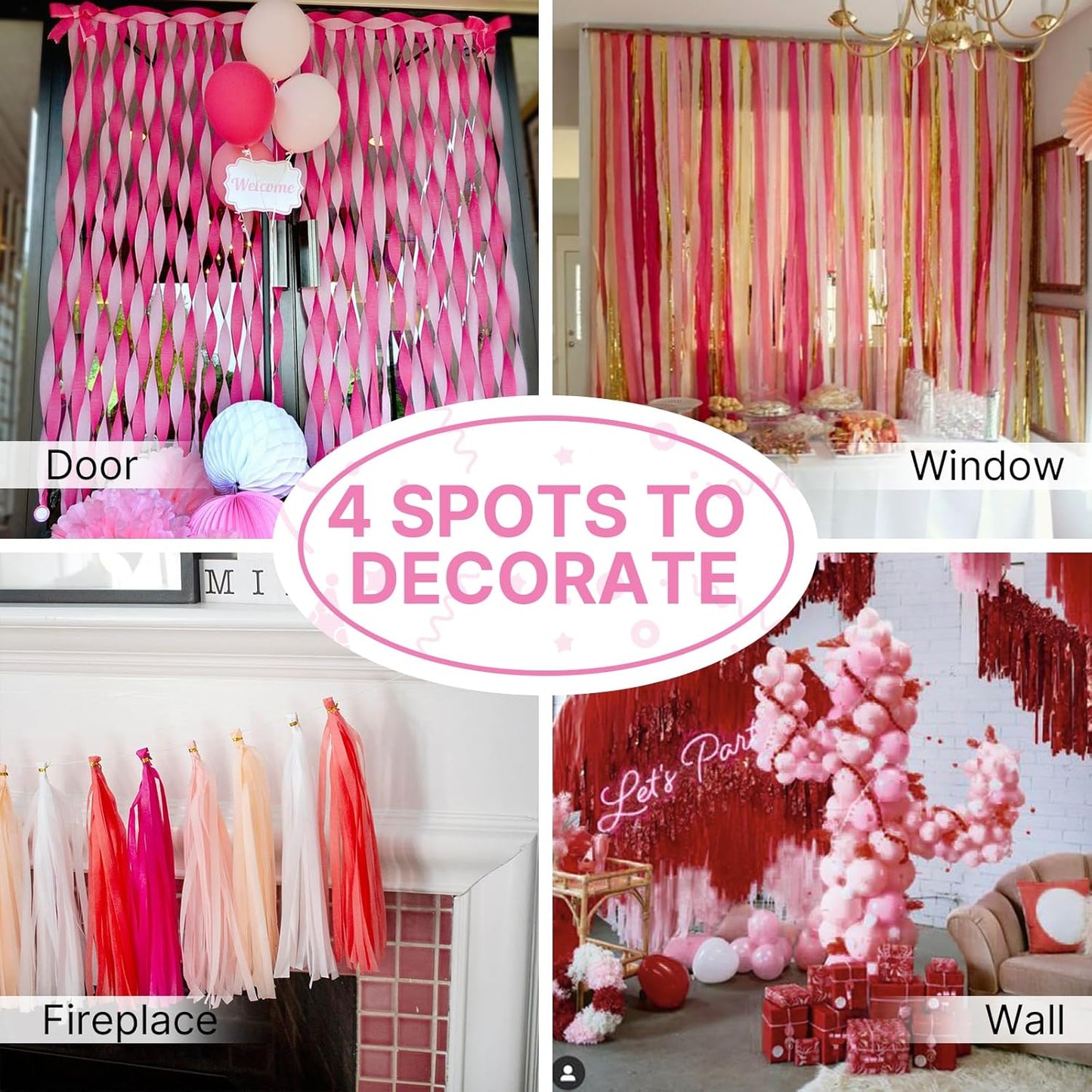 PartyWoo Pink and Red Crepe Paper Streamers 4 Rolls 328 ft Pack of Hot Pink and Red Crepe Paper for Baby Shower Valentine's Day Bachelorette Birthday Party Decorations (1.8 Inch x 82 Ft/Roll)