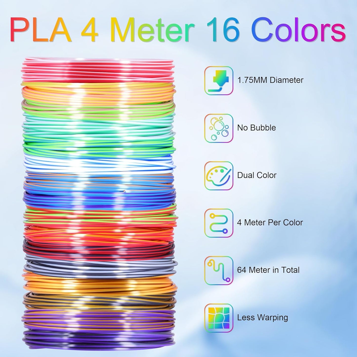 MIKA3D 2 Dual Color in 1 Silk PLA Filament Refill Sample Pack, 16 Different Dual Color Silk PLA, Each 4 Meter Length, Total 64m Silk Shiny Dual Color PLA 3D Printer 3D Pen Filament