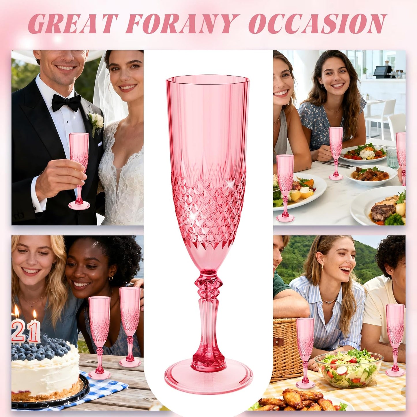 Plastic Champagne Flutes, 48PCS Red Wine Glasses Goblets Cups Reusable Flute, for Weddings Bachelor Parties Toasting and Events(48, Red)
