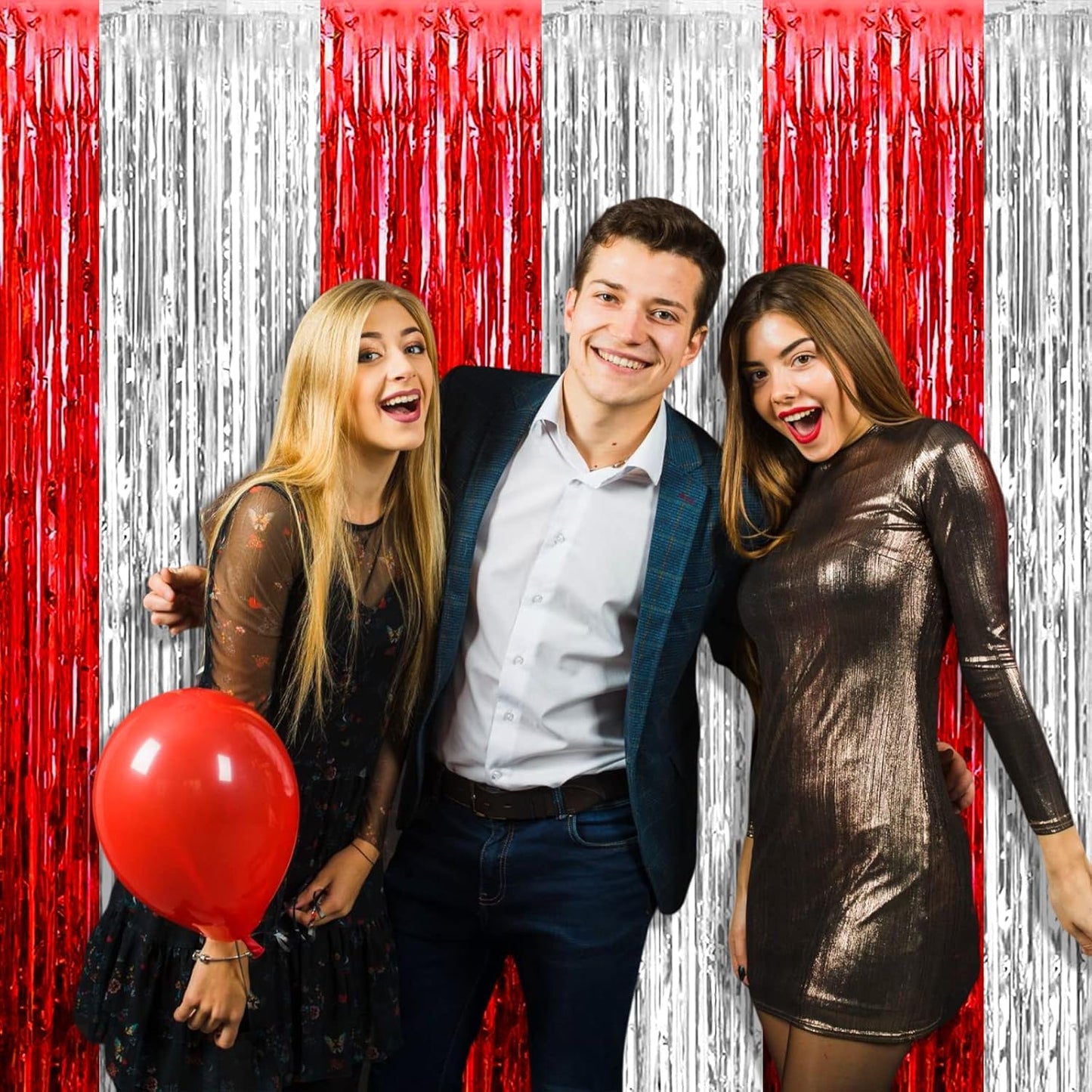 4 Pack Foil Fringe Curtain Backdrop, 3.28Ft x 8.2Ft Metallic Tinsel Foil Fringe Streamers Curtains for Photo Booth, Wedding, Circus Welcome Carnival Birthday Party Decoration Silver Red