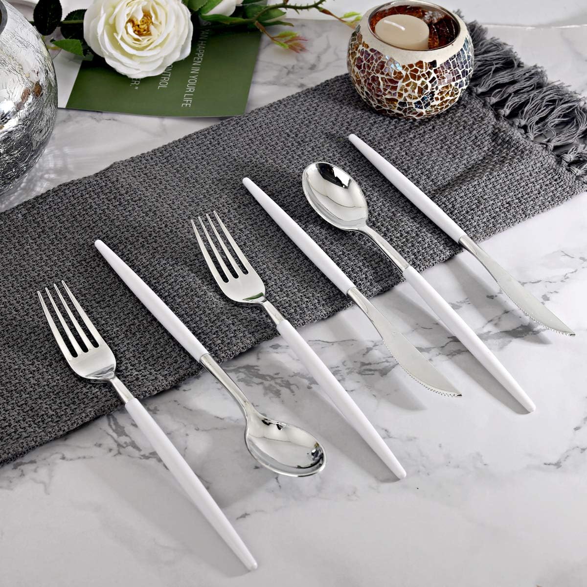 WELLIFE 144 Pack Silver Plastic Cutlery, Disposable Silver Flatware Includes： 48 Forks, 48 Knives and 48 Spoons, Suitable for Parties and Wedding for Wedding