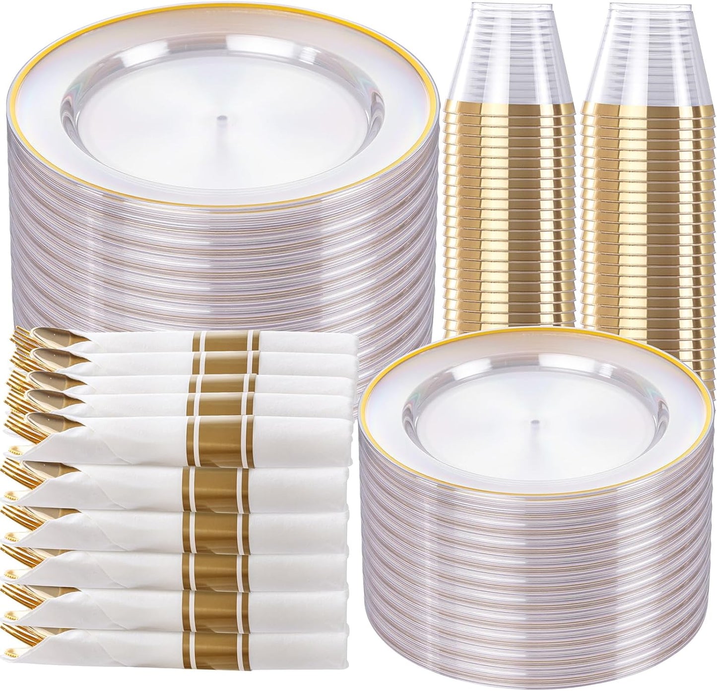 SUT 350 Pcs Gold and Clear Plastic Dinnerware Set for 50 Guests, Include: 50 Dinner Plates, 50 Dessert Plates, 50 Pre Rolled Napkins With Silverware, 50 Cups, Disposable Plates for Party, Wedding