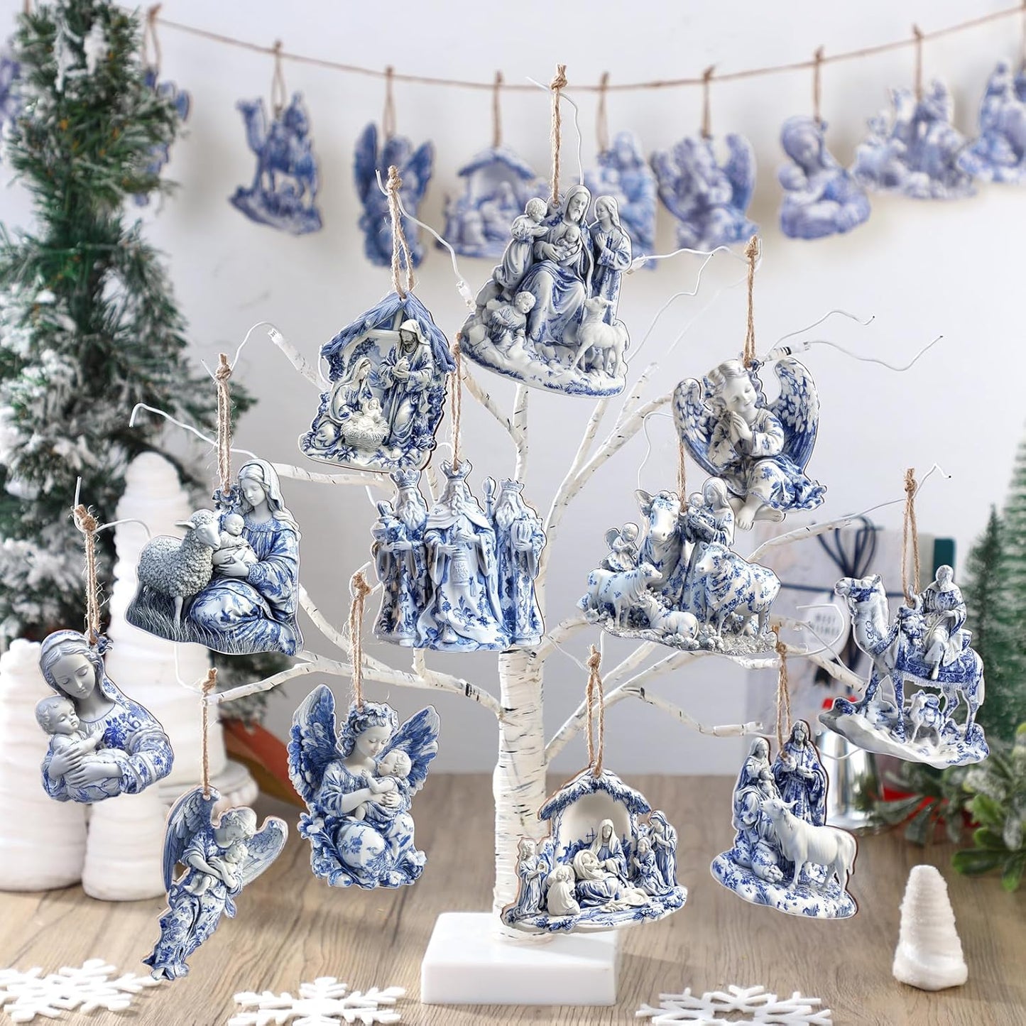 Suzile 36 Pcs Christmas Wooden Ornaments Nativity Scene Tree Decorations Vintage Blue and White Chinoiserie Christian Religion Hanging Decorations for Tree Wreaths Xmas Hanging Wood Cutouts for Home
