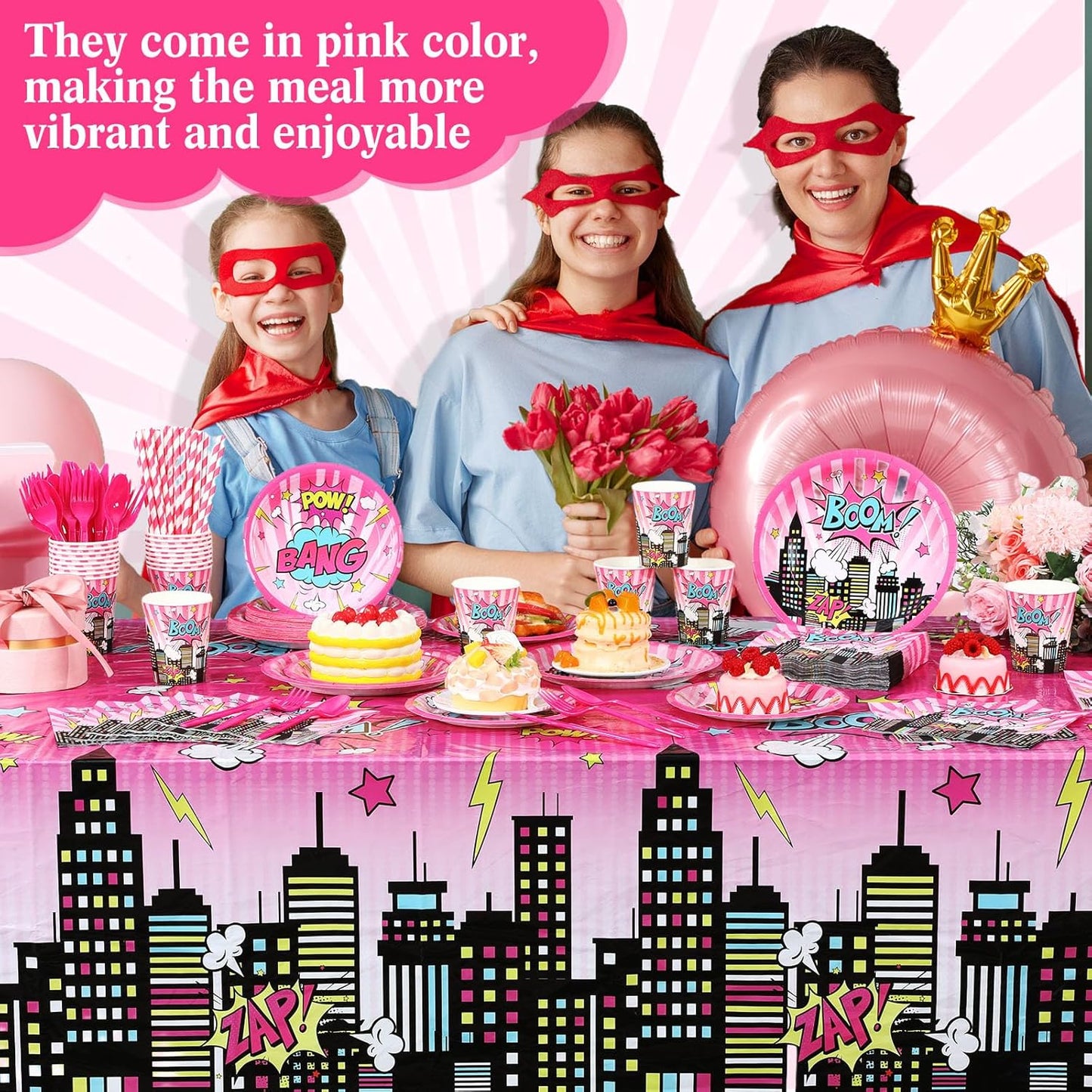 452 Pcs Girl Birthday Decorations for 50 Guests Pink Hero Paper Plates Napkins Cups Tablecloth Cutlery Straws for Pink Hero Girl Birthday Baby Shower Party Supplies