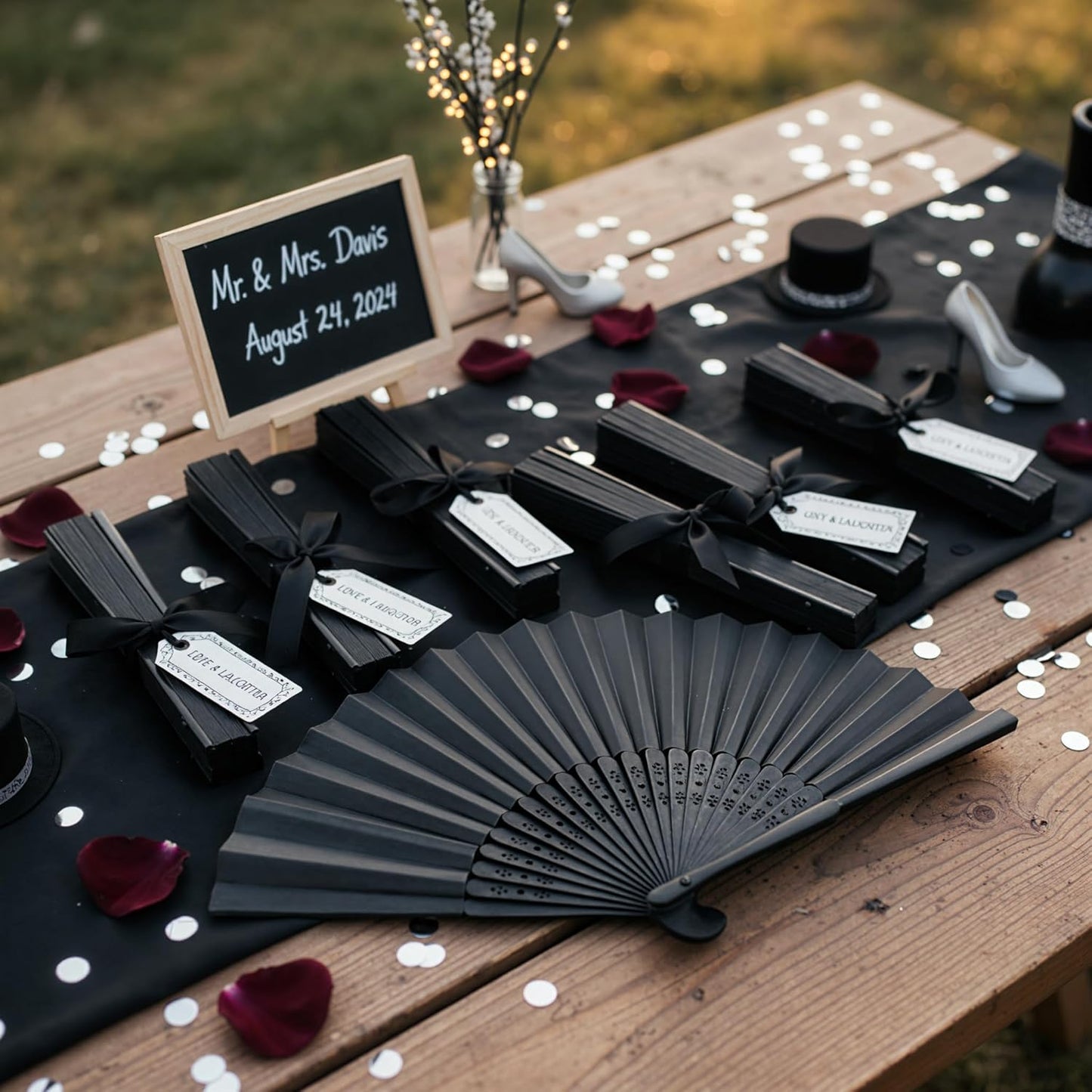 JOHOUSE 12 Packs 8.2 Inch Black Chinese Paper Foldable Hand Fan for Women - Wedding, Bridal Shower, Outdoor Party Favors, DIY Home Decor