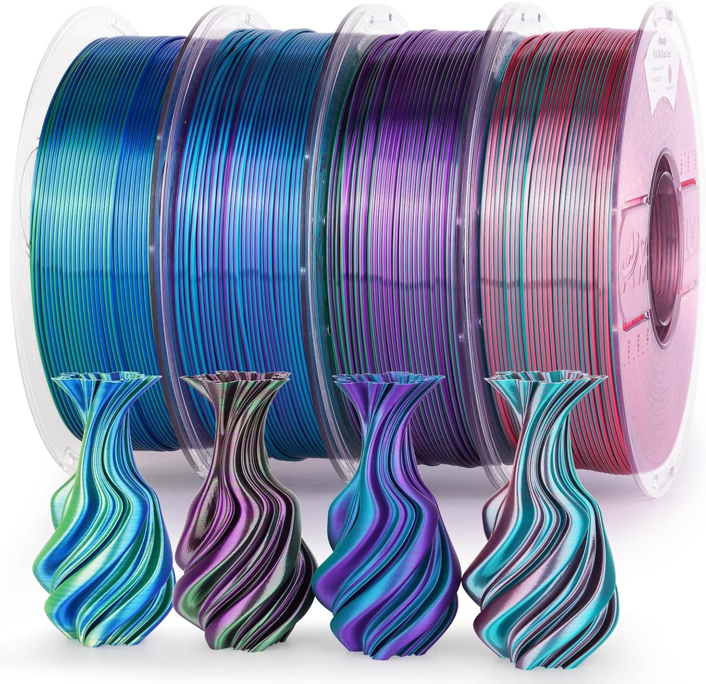 AMOLEN Silk PLA 3D Printer Filament 4KG Bundle, Shiny Dual Color Filament 1.75mm Pack, Multicolor Change 3D Printing Filament for Most FDM 3D Printer, Green Series