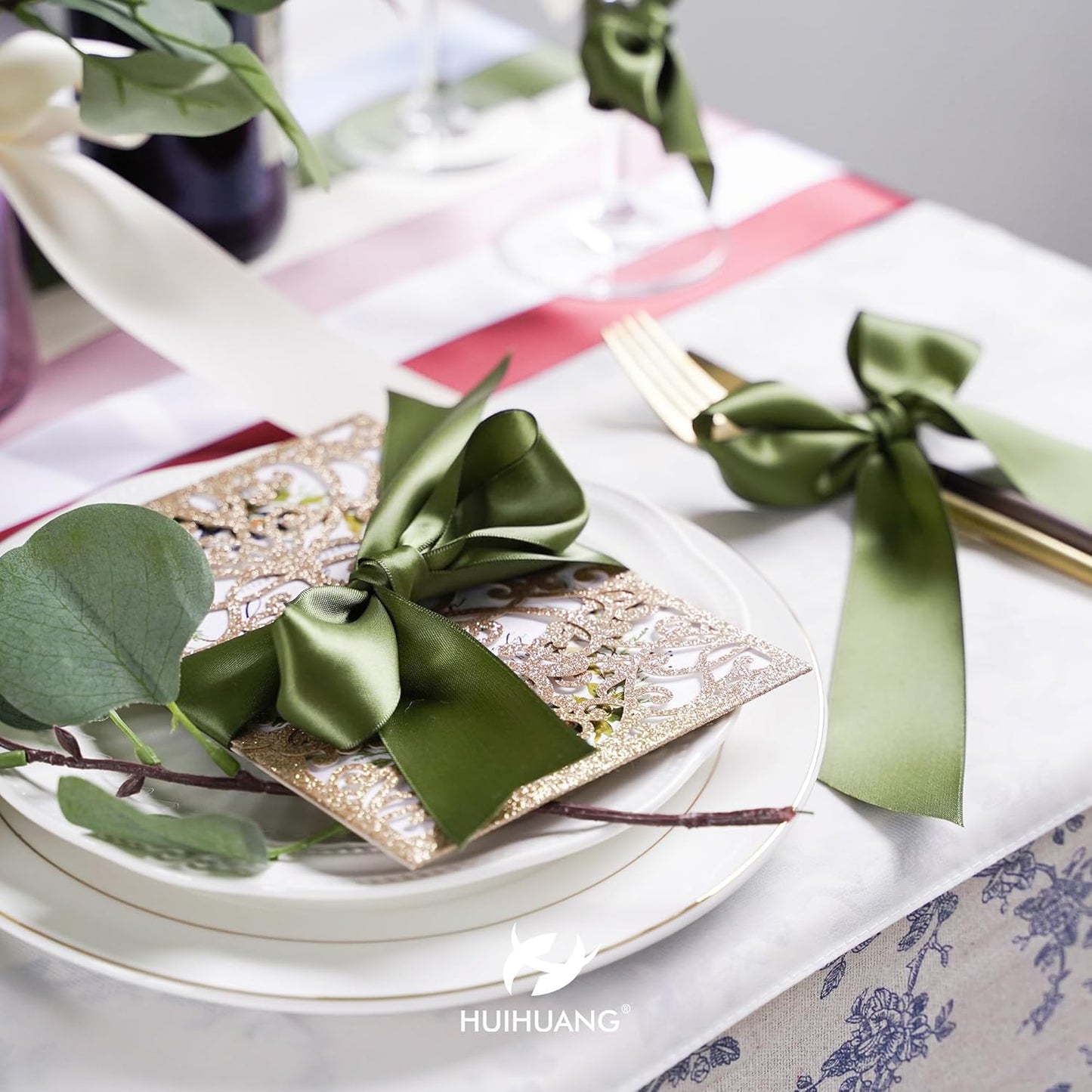 HUIHUANG 1-1/2 inch Double Face Satin Ribbon, Polyester Moss Green Ribbon 50 Yards Per Roll for Gift Wrapping Bows Making Floral Bouquet Wedding Invitations Decor Party Favor and Craft Supplies