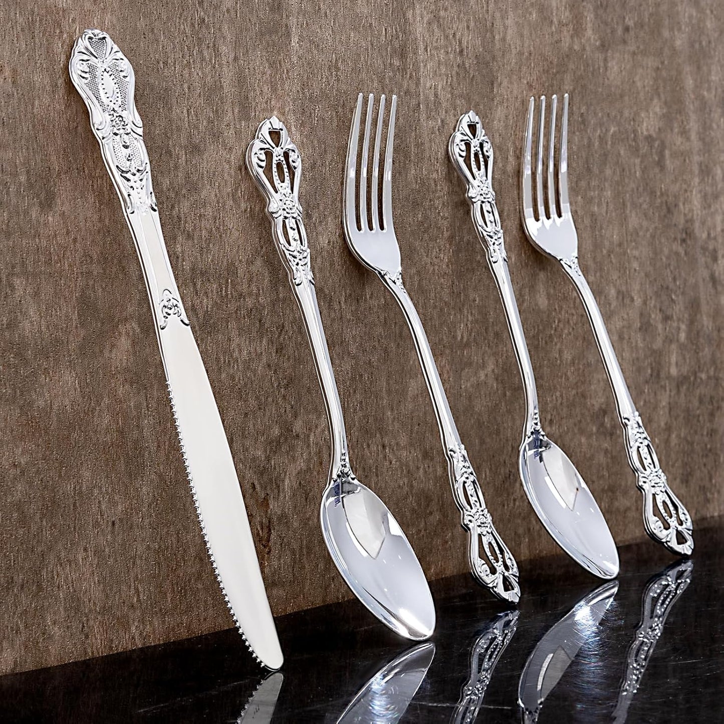 40PSC Silver Plastic Cutlery - Vintage Silver Disposable Silverware - Heavyweight Plastic Utensils with 20 Forks, 10Knives, 10 Spoons For Catering, Parties, Dinners and Weddings