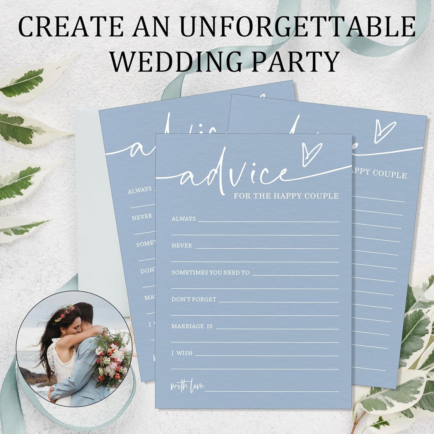 Wedding Advice Cards - Bdvice and Wishes for the Newlyweds Mr and Mrs Bride & Groom Perfect for Bridal Shower Wedding Games and Guest Book Alternative Pack of 25 Minimalist Blue 5x7 Inch Cards - B10