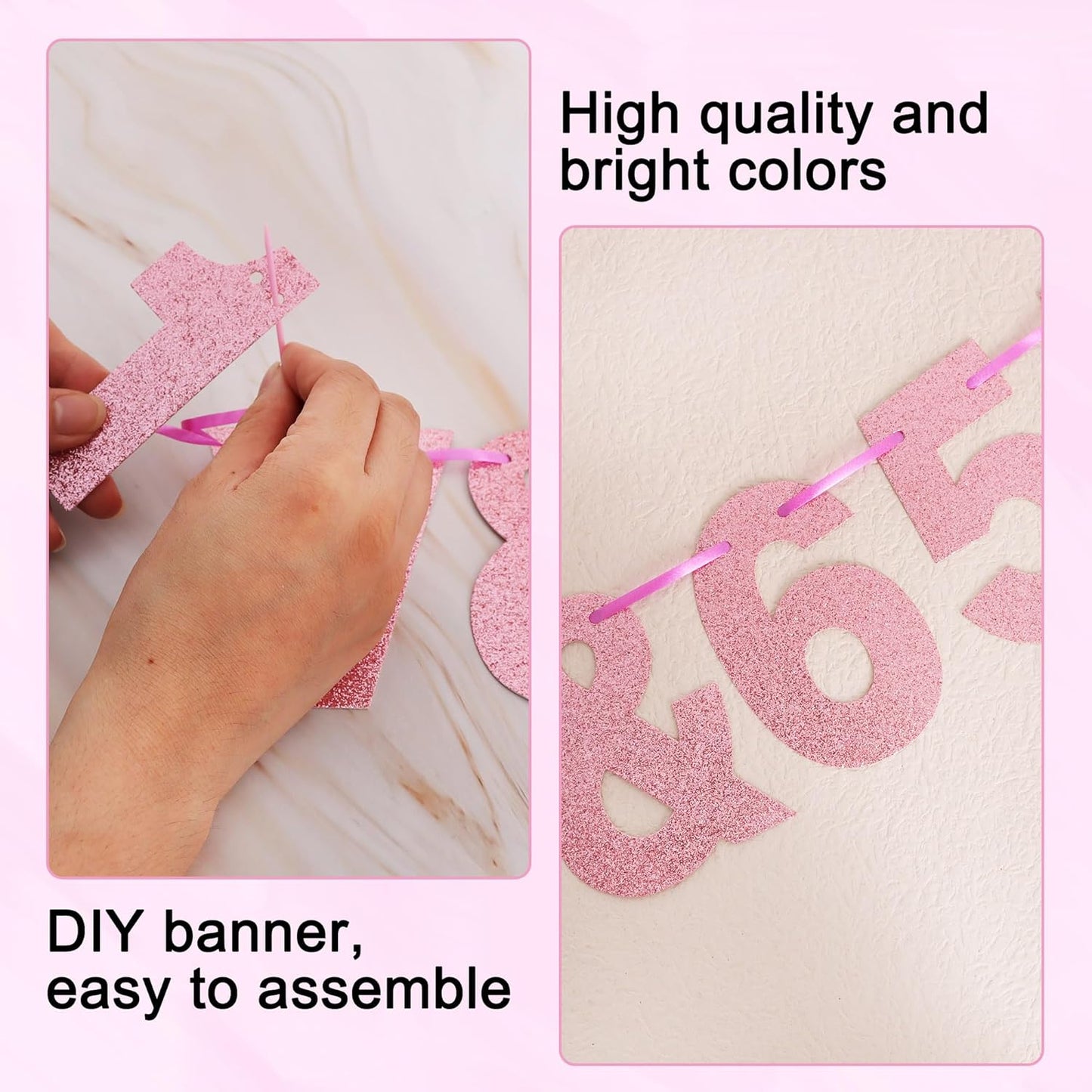 BEISHIDA 116 PCS A-Z Glitter Pink DIY Letter Banner Kit Make Your Own Banner，Including 111 Letters and Numbers 3 Rope and 2 Threading Device,Customized for Birthday Graduation Wedding Party Decor