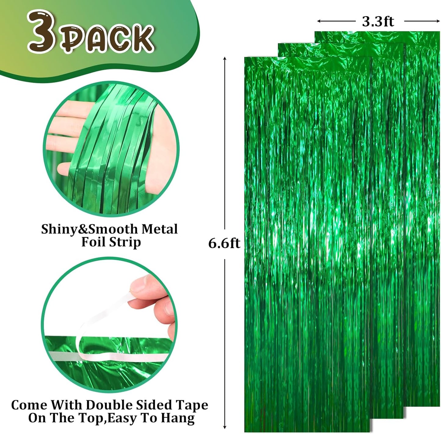 3 Pack 3.3 x 6.6 ft Green Foil Fringe Backdrop Curtains, Tinsel Streamers Party Decorations, Fringe Backdrop for Birthday, Dinosaur, St Patrick's Day, Soccer, Christmas