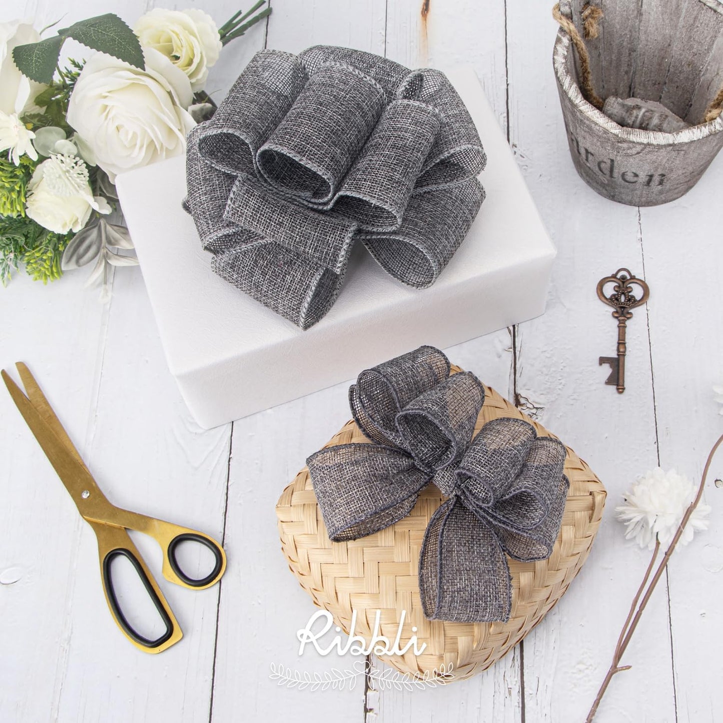 Ribbli Grey Burlap Wired Ribbon,1-1/2 Inch x 10 Yard,Gray,Solid Wired Edge Ribbon for Big Bow,Wreath,Tree Decoration,Outdoor Decoration