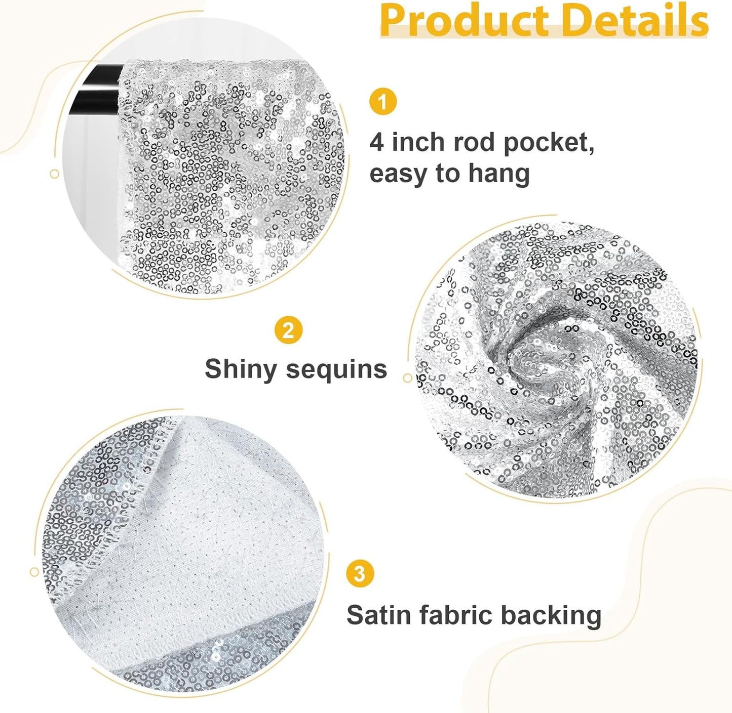 SquarePie Sequin Backdrop Curtain 8FT x 10FT Silver Satin Backing Fabric Photography Background for Wedding Patry 4FT x 10FT 2 Panels