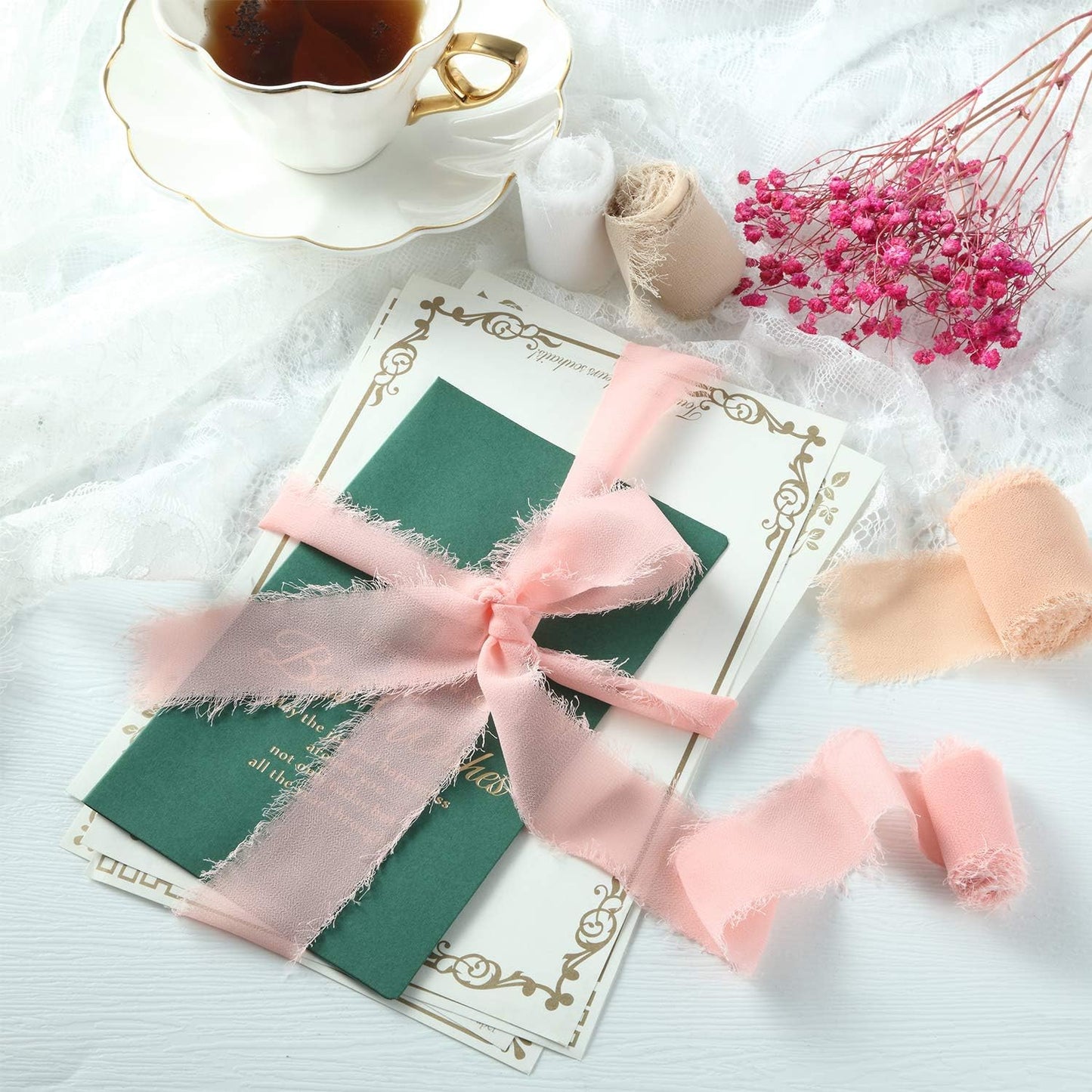 6 Rolls Handmade Fringe Chiffon Silk Ribbon 1.5" x 3 Yd Colorful Ribbon for Wedding Invitations, Bridal Bouquets, Gifts Wrapping, DIY Crafts(Nude Pink Set)