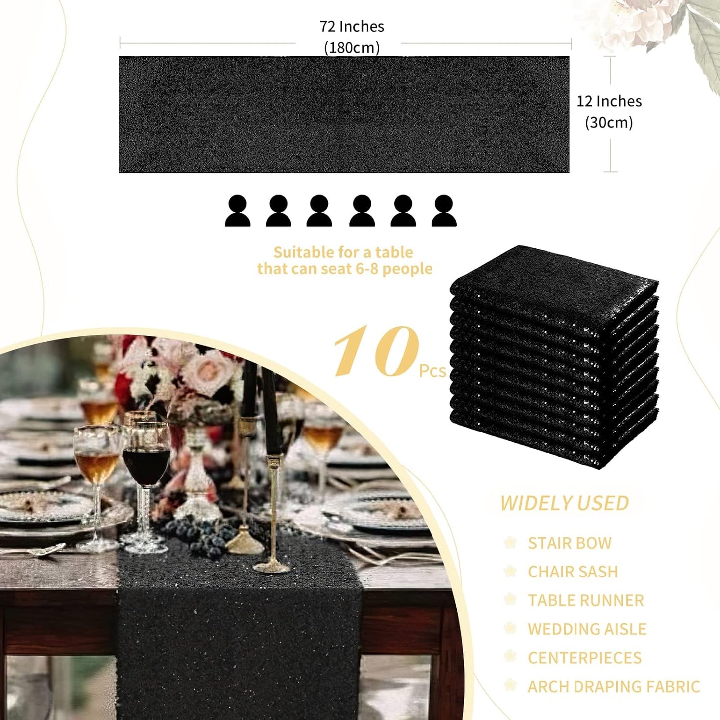 SoarDream Black Table Runner 10 Packs 12x72 Inches Sequin Metallic Fabric Glitter Table Runner for Party Birthday Holiday Event Supplies Decorations