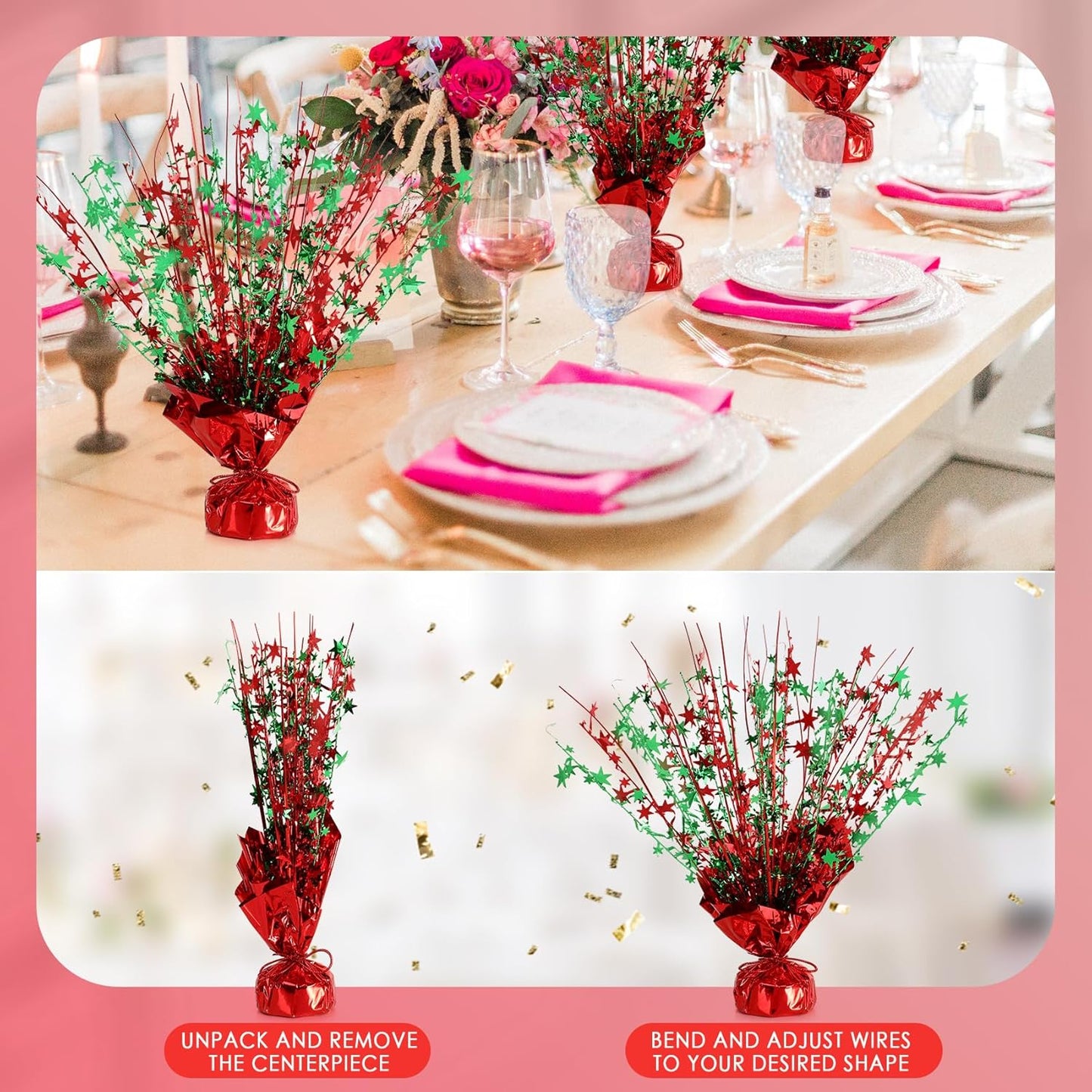 6 Pack Star Table Centerpieces for Party, Birthday Table Decorations for Kids Adults, Party Centerpieces for Tables for Wedding Baby Shower Graduation Holiday Event (Red Green)