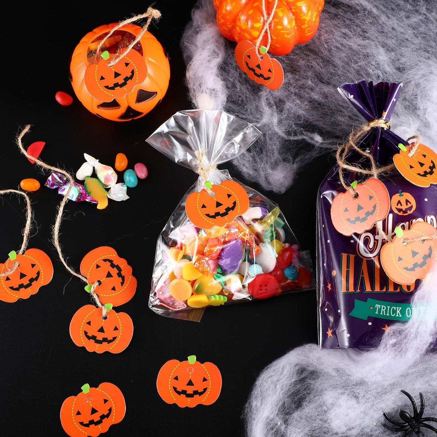 100 Pieces Halloween Pumpkin Gift Tags Paper Hanging Pumpkin Tags Pendants Christmas DIY Party Decorations with Pre Cut Holes, 1.8 x 1.4 Inches
