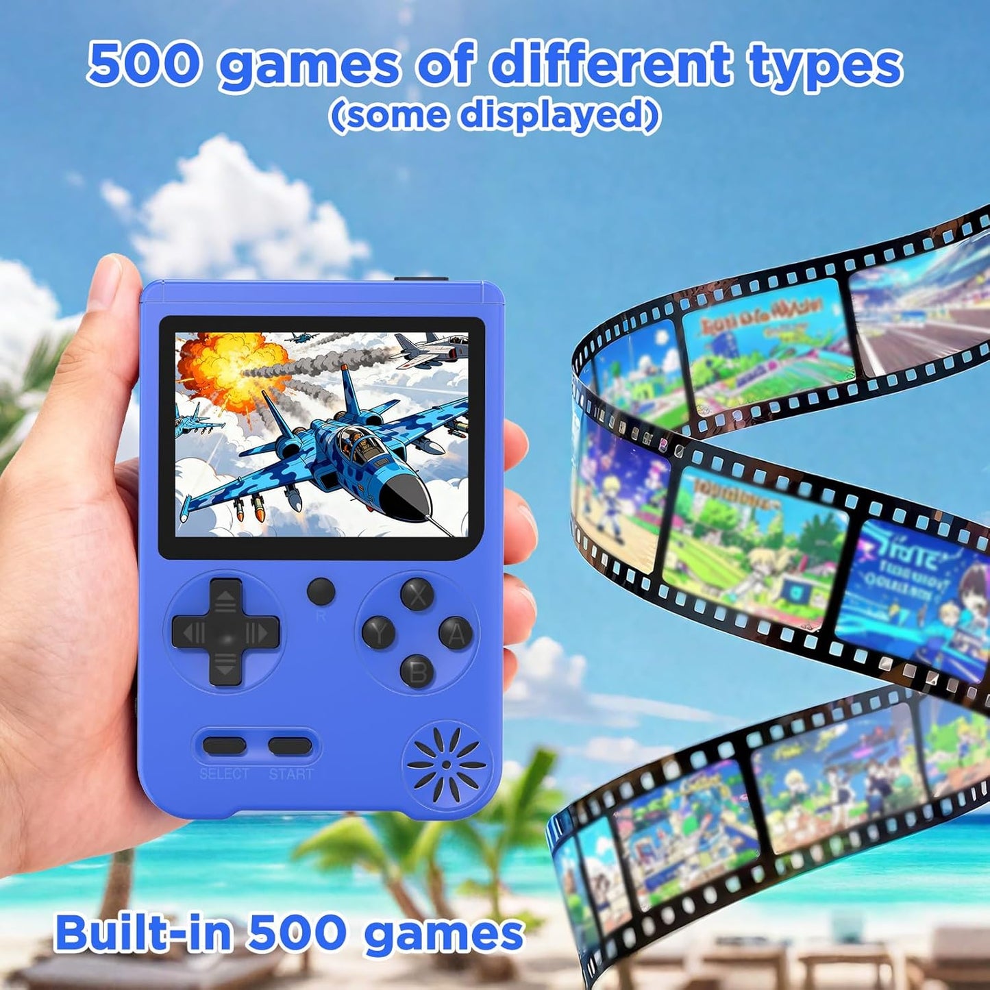 Retro Handheld Game Console, 3-inch LCD Screen Portable Game Console with 500 Built-in Classic Games ,1200mAh Rechargeable Battery, Plug & Play Video Games, Suitable for Adults - Blue