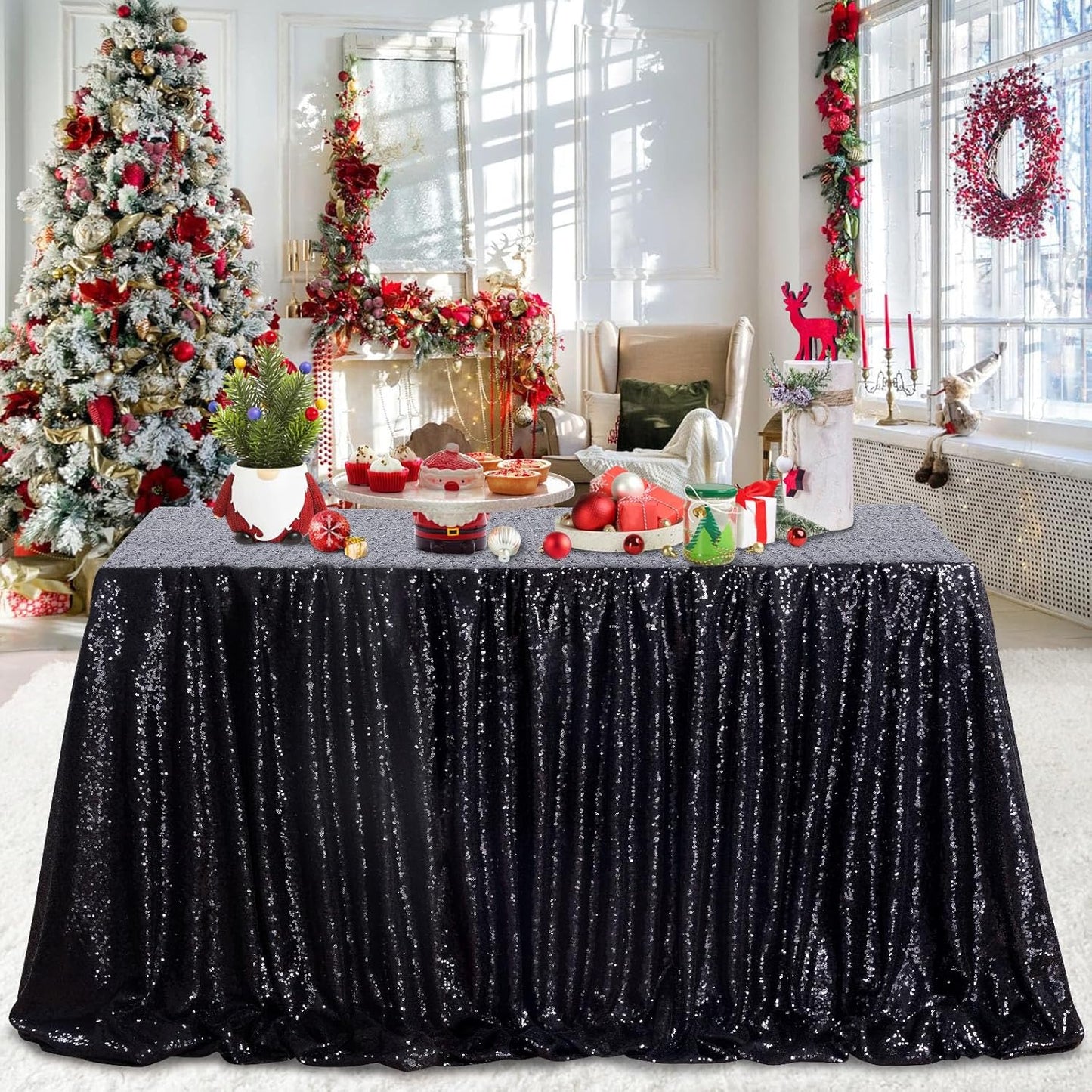 QueenDream Seamless Sequin Tablecloth 90x132 Inch Black Rectangular Tablecloth for Christmas Wedding Birthday Halloween