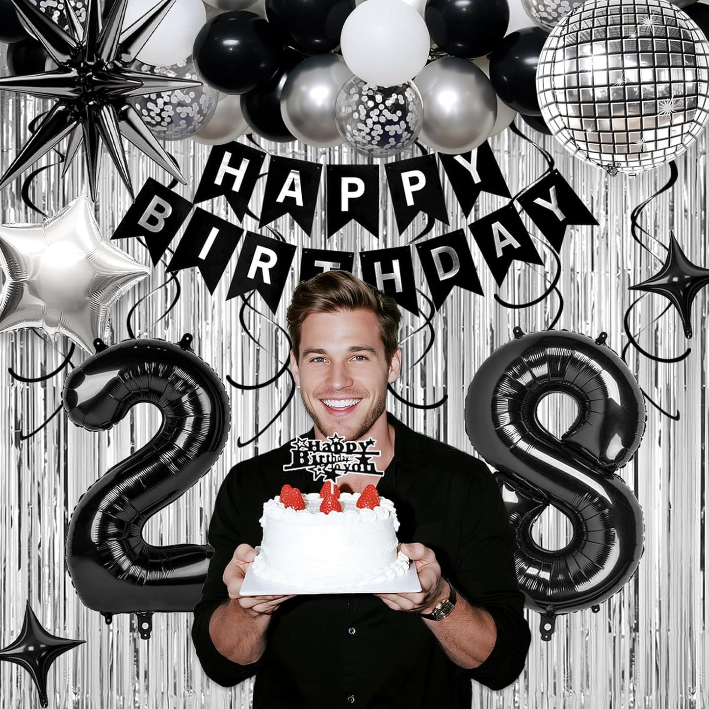28th Birthday Decorations for Men Women, Black Silver Happy Birthday Party Decorations， 28 Year Old Party Supplies with Number 28 Balloons, Banner, Fringe Curtains Kit