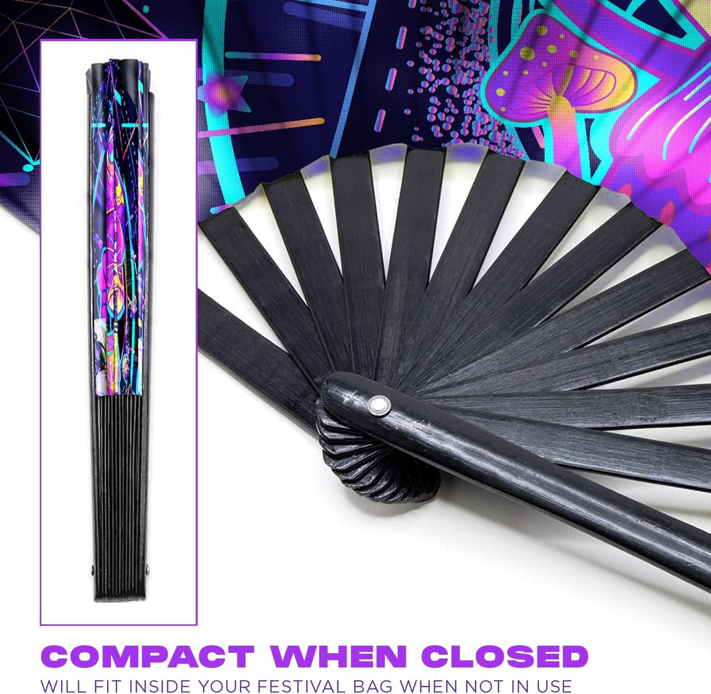 GloFX Rave Fan - UV Mushroom - Large Folding Fan - Music Festival Essential, EDM Rave Accessories, Folding Hand Fan, Clack Fan