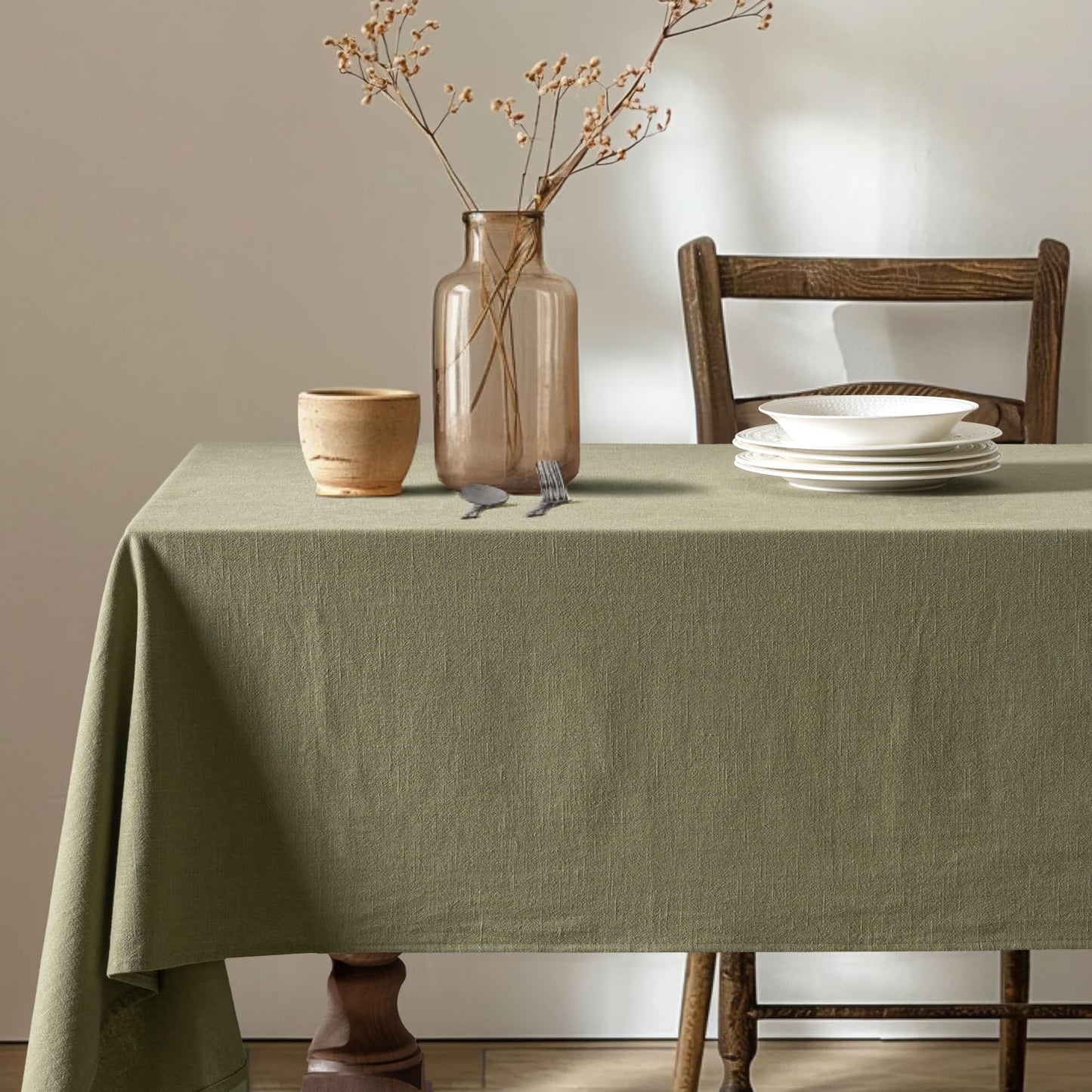 MIULEE Linen Cotton Blend Tablecloth Rectangle, Luxury Waterproof Stain Resistant Durable Farmhouse Oblong Table Cloth for Dining Party Weddings Birthday Events Boho Decor, 52 x 84 inch, Olive Green