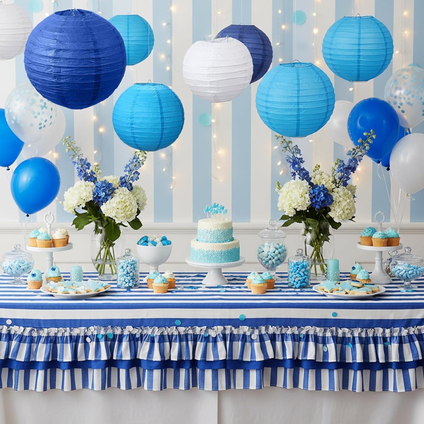 Riakrum 16 Pcs Blue and White Paper Lanterns Birthday Party Decorations Mixed Size 6'' 8'' 10'' 12'' Colorful Chinese Hanging Paper Lanterns for Wedding Home Decorations Supplies