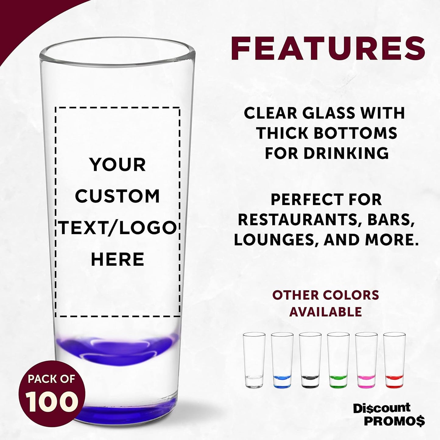 Custom Cordial Shooter Shot Glasses 2 oz. Set of 100, Personalized Bulk Pack - Great for Birthdays, Parties, Indoor & Outdoor Events - Purple