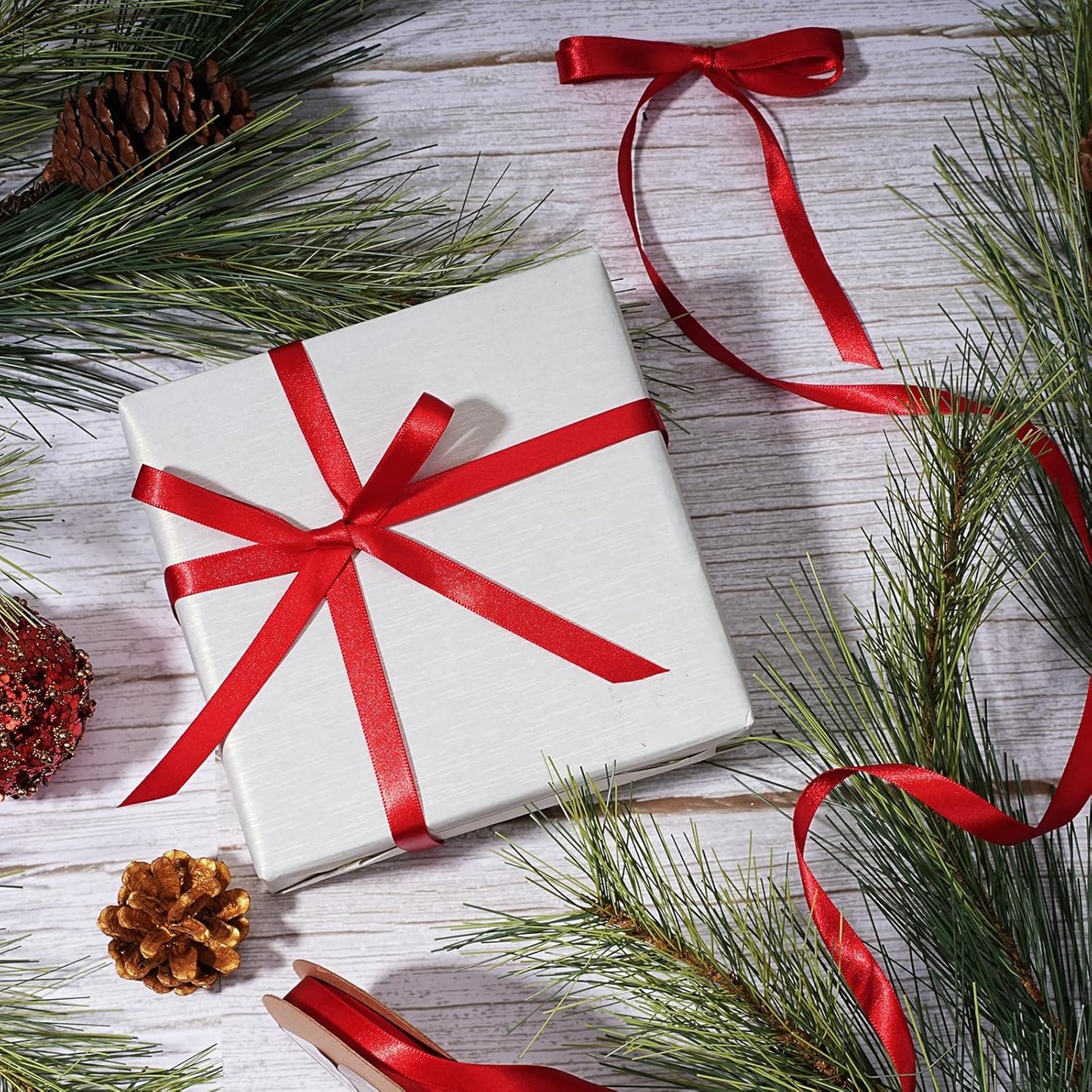 LaRibbons Bright Red Satin Ribbon 3/8 Inch 25 Yards Luxury Double Faced Red Ribbon for Gift Wrapping Flower Bouquet Crafts Wedding Party Christmas Decoration