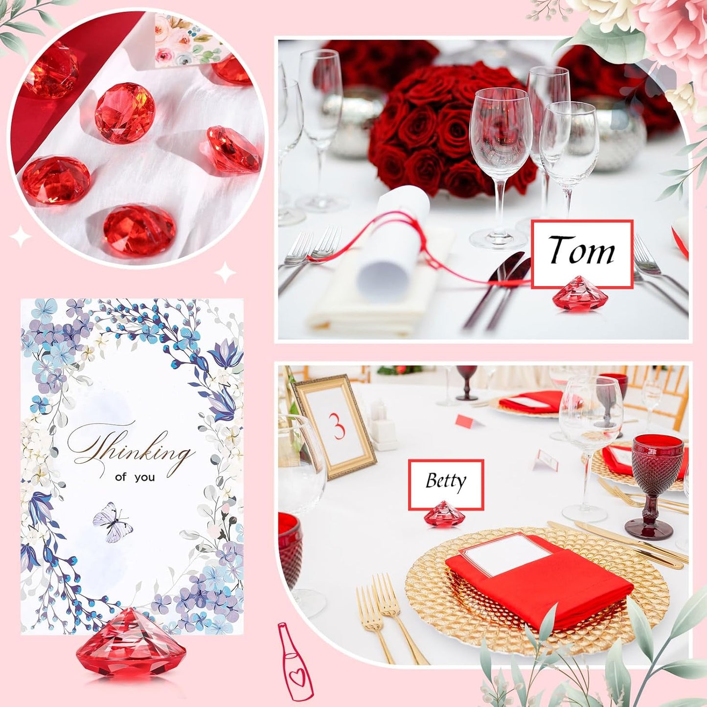 Boao 24 Pack Diamond Place Card Holders Acrylic Table Number Holder Card Stands Crystal Diamond Party Decorations Favor for Weddings Home Table(Red)