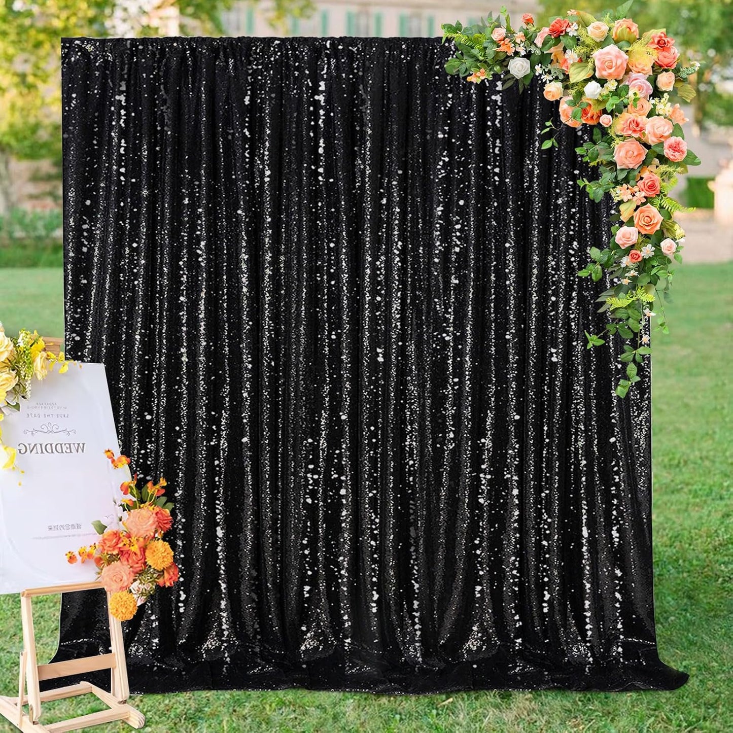 Black Backdrop for Halloween Decorations: Sequin Photo Curtains 10ft x 10ft Glitter Fabric for Wedding Party Baby Shower