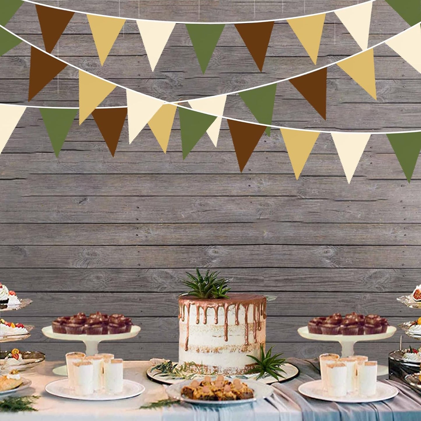 32Ft Woodland Party Decorations Olive Green Tan Brown Cream Neutral Triangle Flag Fabric Banner Pennant Bunting Garland Streamers for Birthday Wedding Baby Shower Jungle Safari Camping Party Decor