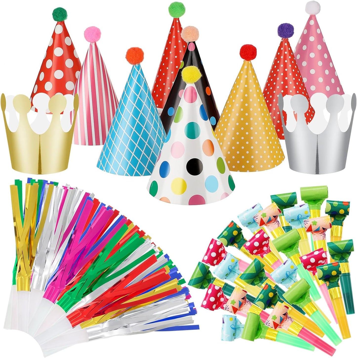 Skylety 59 Pieces Party Cone Hats with Colorful Blowers and Metallic Fringed Noisemakers Birthday Blowouts Horns Whistles Musical Noisemaker for Adults Birthday Party Supplies
