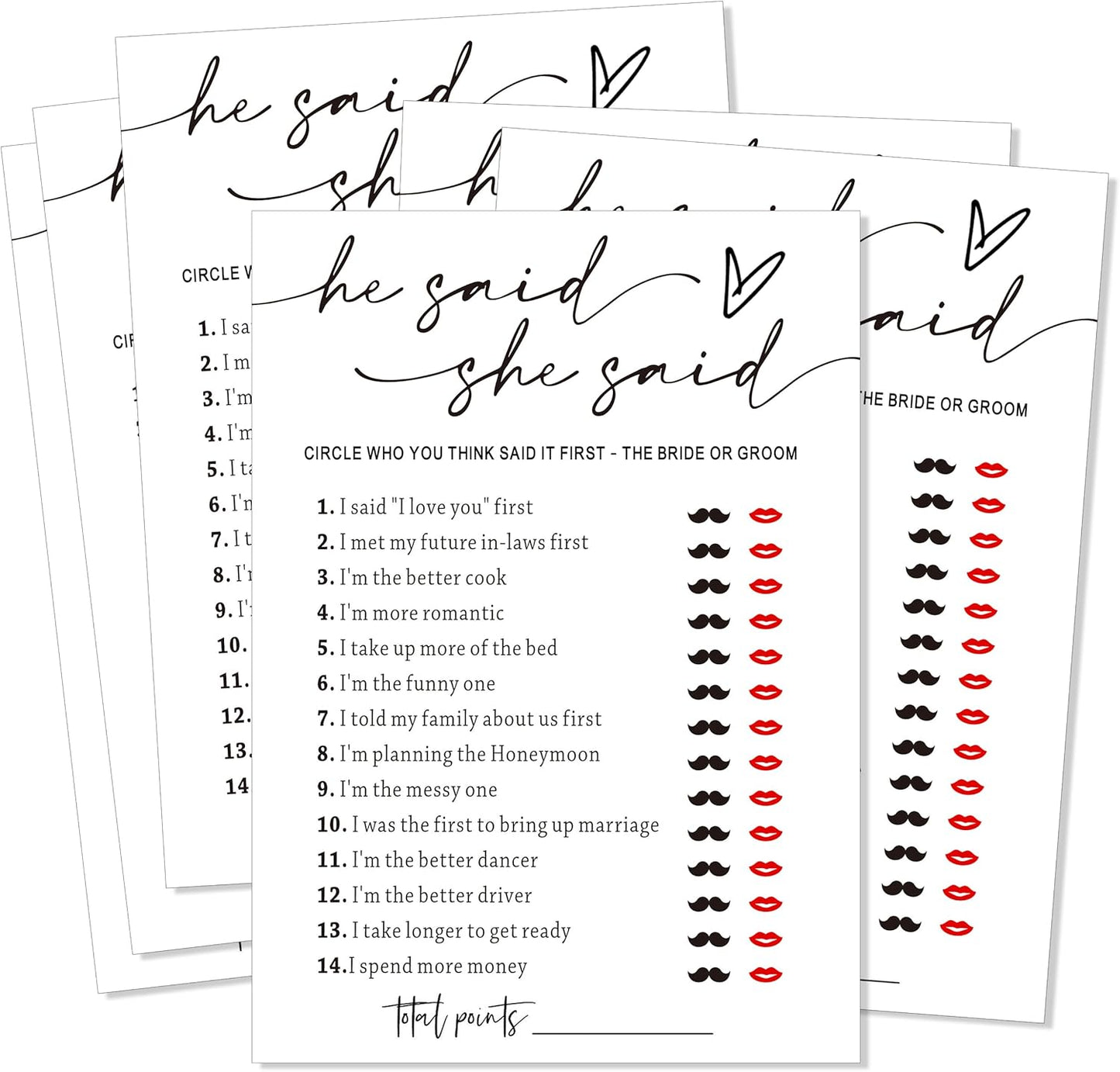 Fun Bridal Shower Games Set 25 Weddin Games Cards He Said She Said with Fun Bride and Groom Trivia Favors for 25 Guests, Minimalist White Wedding Party Supplies - A09