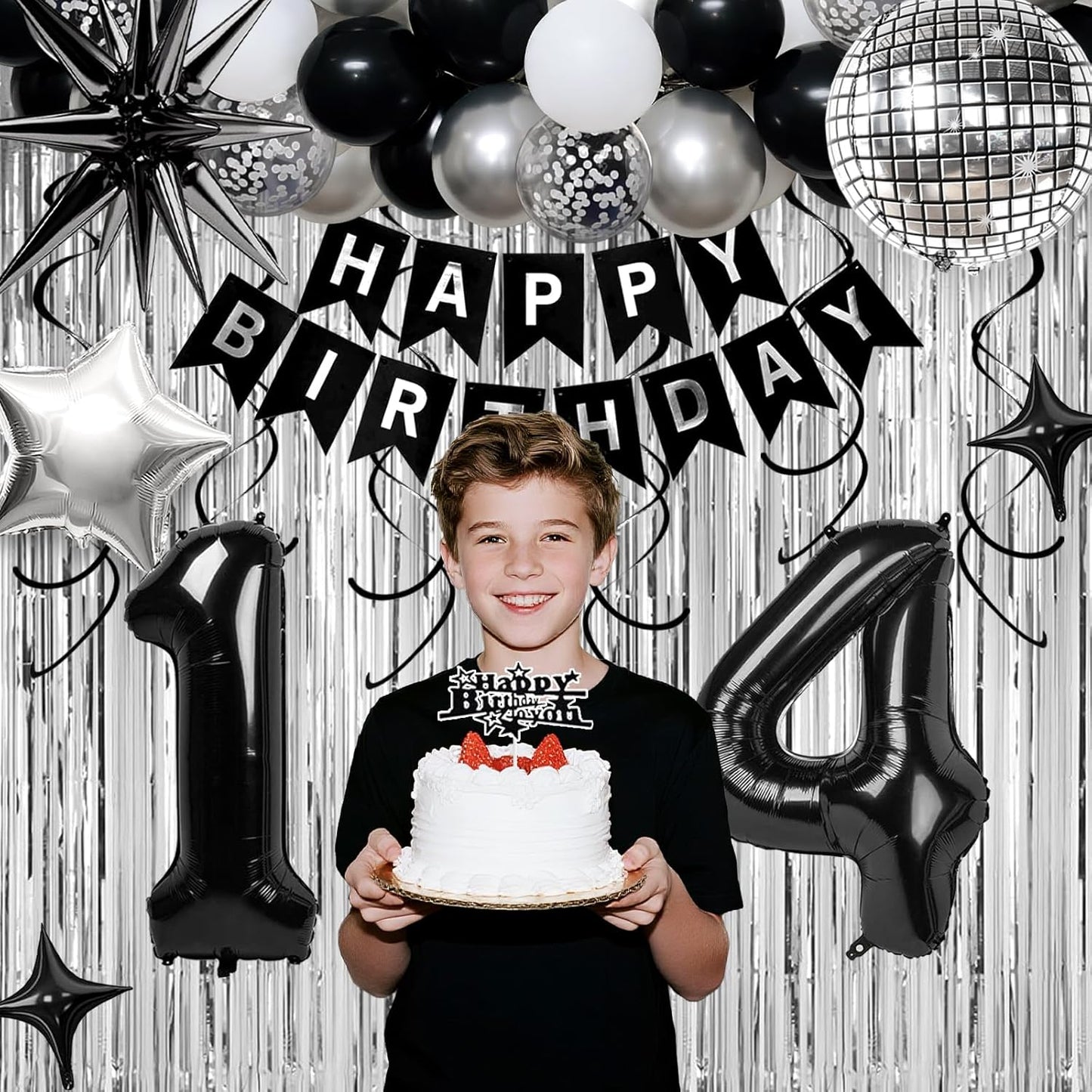 14th Birthday Decorations for Boys Girls, Black Silver Happy Birthday Party Decorations， 14 Year Old Party Supplies with Number 14 Balloons, Banner, Fringe Curtains Kit
