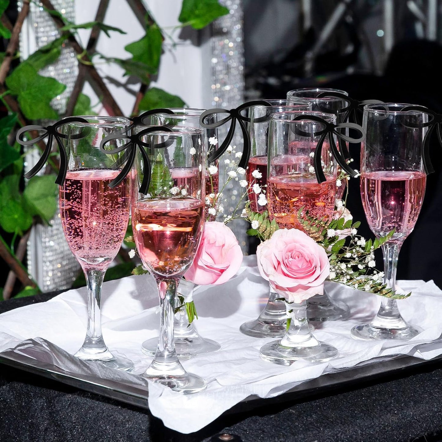 50 Pcs Bows Drink Tags Coquette Bow Wine Glass Charms Acrylic Bowknot Drink Tag for Bachelorette Birthday Wedding Coquette Tasting Party Decor Accessory (Black)