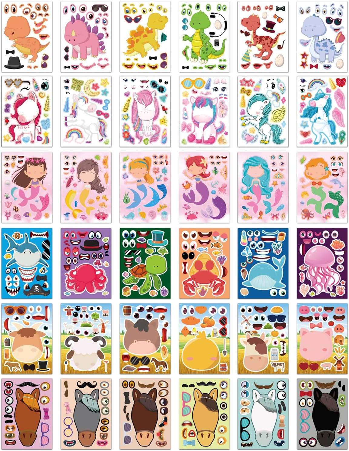 Aowplc 36 Pcs Make-A-Face Sticker Sheets Kids Party Favors Mix and Match Stickers with Dinosaurs, Mermaids, Unicorns, Horses, Farm & Sea Animals for Parties, Birthdays, Classroom Activities & Crafts