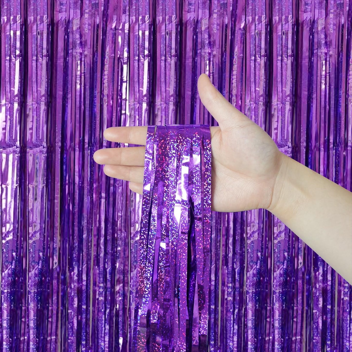 QRabbit 4 Pack Purple Tinsel Foil Fringe Curtains - 3.3x6.6 Ft Metallic Party Streamers Backdrop for Birthday Wedding Christmas Party Decor, Self-Adhesive Photo Booth Wall Door Decorations