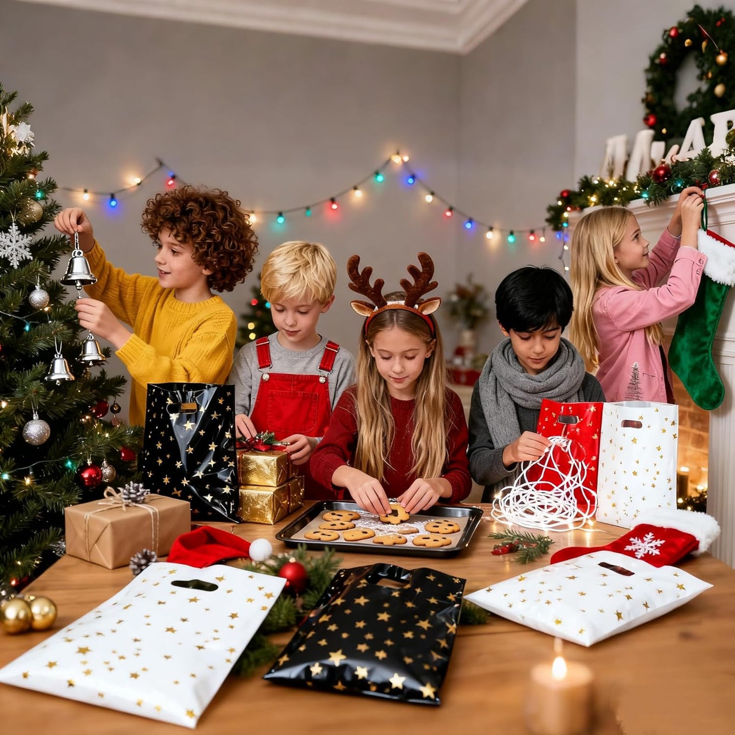 CC Wonderland 6 * 9inch Party Favor Bags 30PCS, Red Gold Star Pattern with Handle,Goodie Treat Loot Bags for Kids Children Birthday, Baby Shower, Easter Holiday Party Gift Wrap Decoration