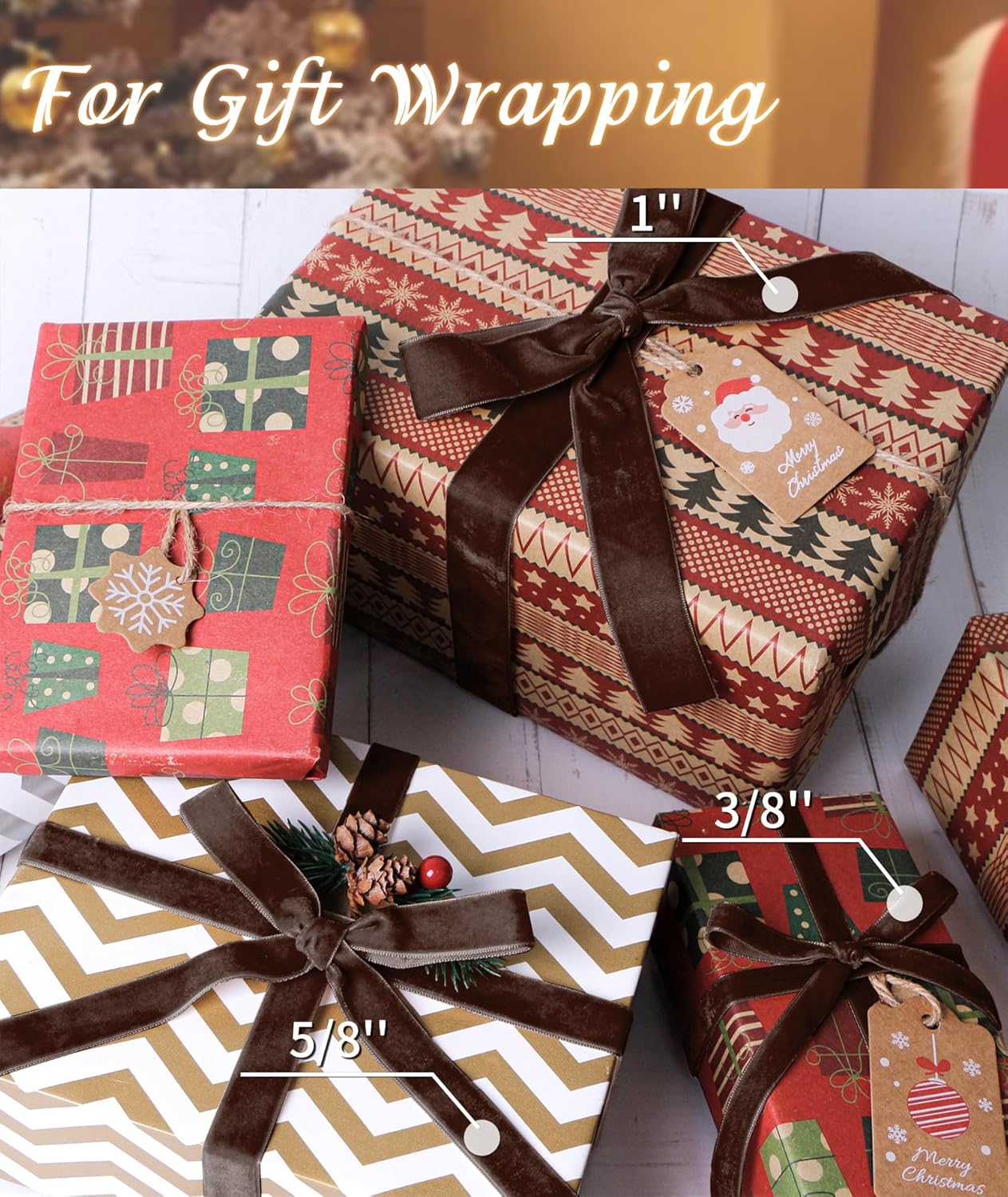 Brown Velvet Ribbon 5/8'' 25 Yards for Christmas Tree, Gift Wrapping, Flower Bouquet, Wreath Decorations, Bow Making