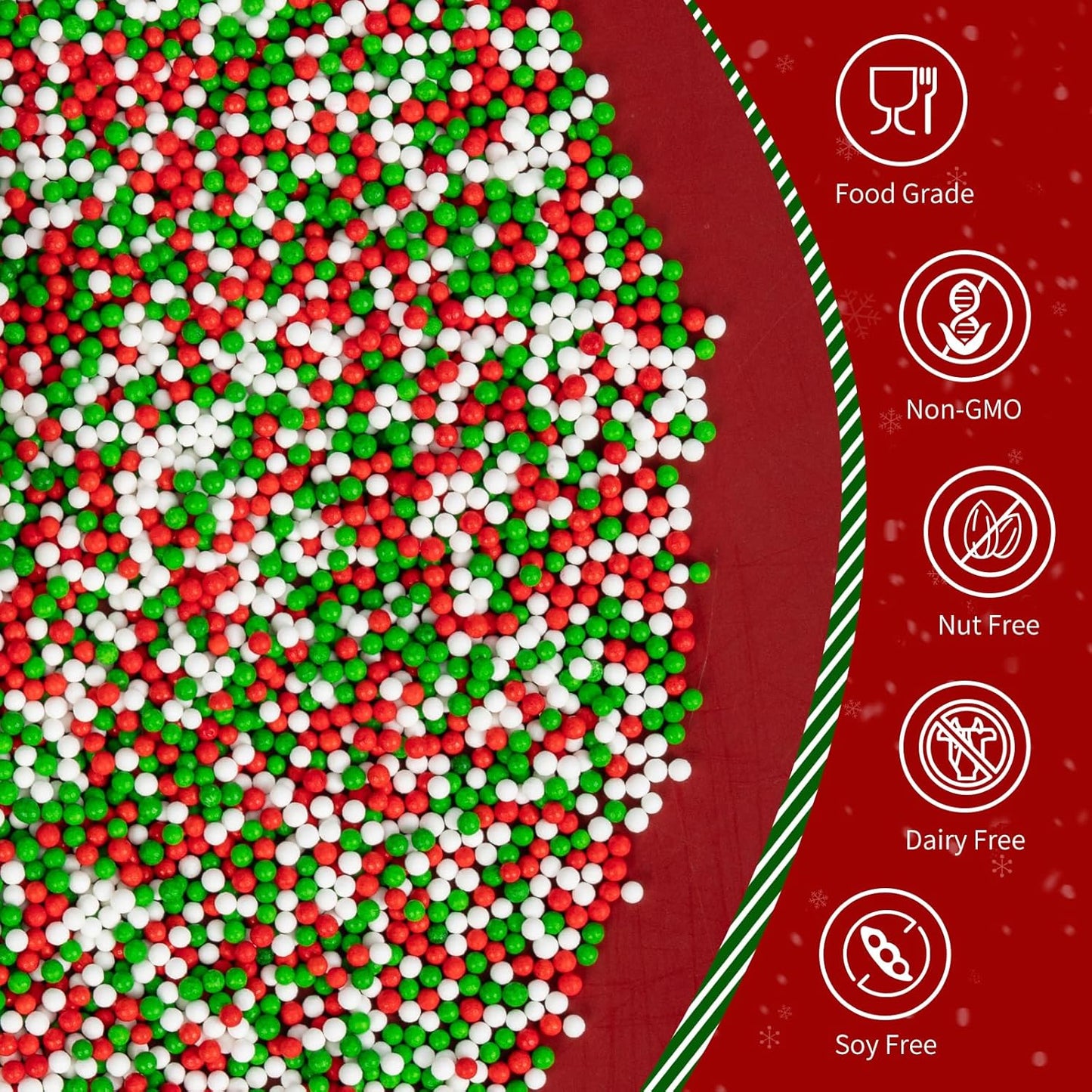 Christmas Nonpareils Sprinkles for Cake Decorating,130g White Red and Green Mini Pearls Mix,Edible Sugar Holiday sprinkle for Cupcake Toppers, Cookie, Ice Cream Decorations Christmas Party Supplies