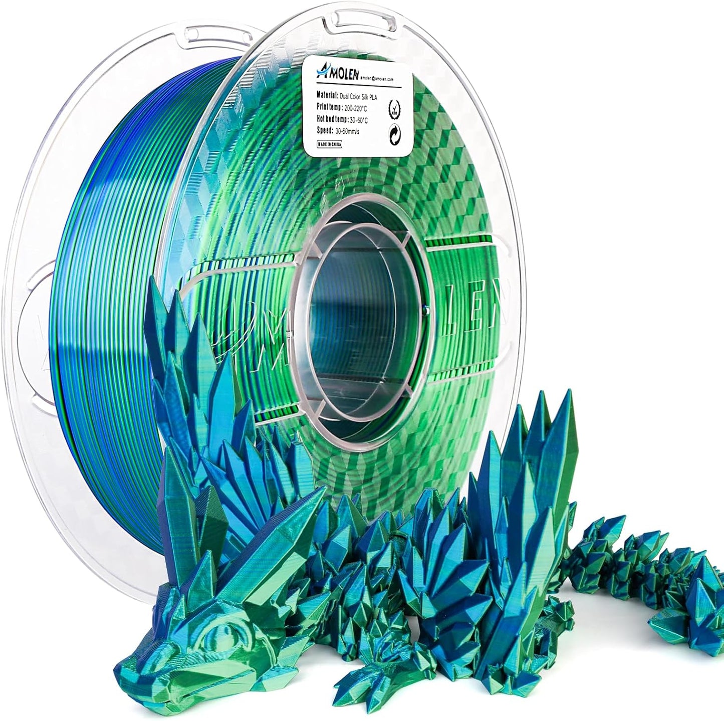 AMOLEN Silk PLA 3D Printer Filament, Silk Dual Color Blue Green PLA Filament 1.75mm, Shiny Coextrusion PLA Filament, Color Change 3D Printing Filament 1KG/2.2lb
