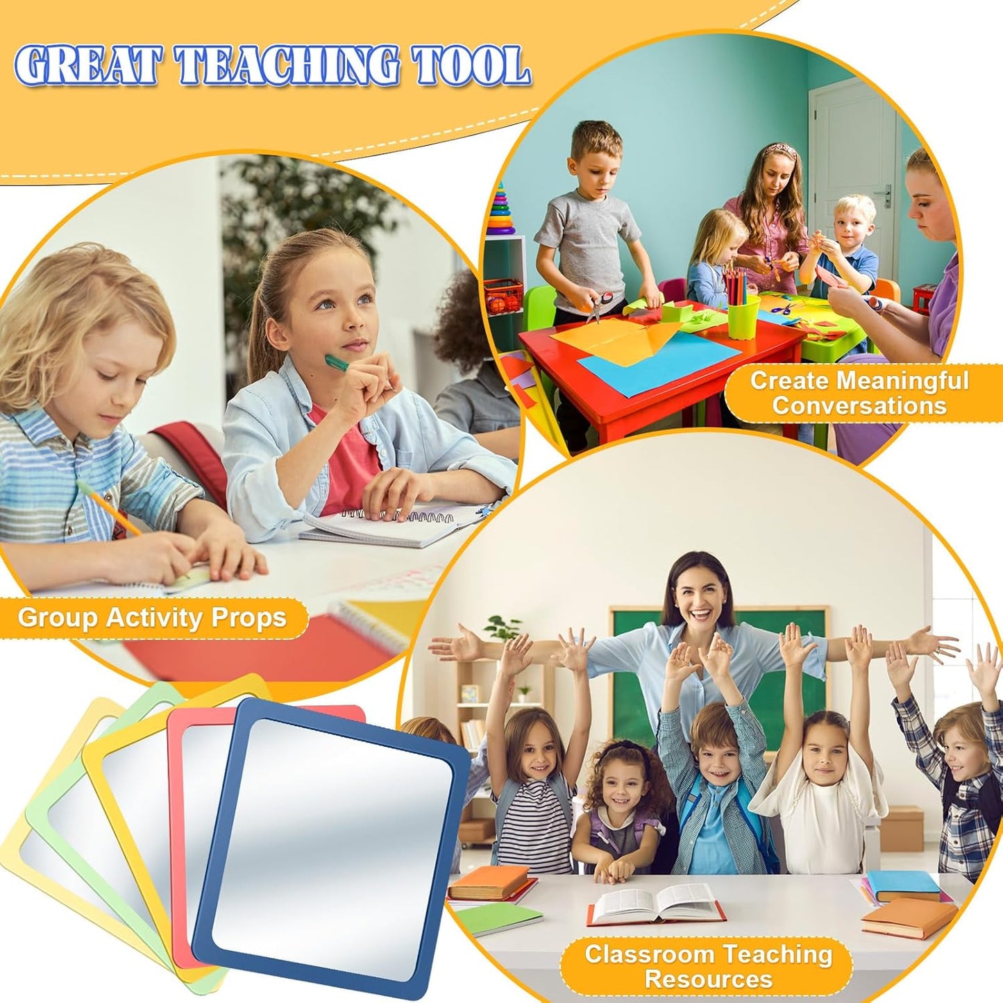 Dandat 10 Pcs Small Mirrors for Kids 6 x 6 Inch Square Shatter Proof Reflector Toddler Glass Plastic Reflector for Classroom DIY Craft Preschool Facial Expression (Hippie Colors)