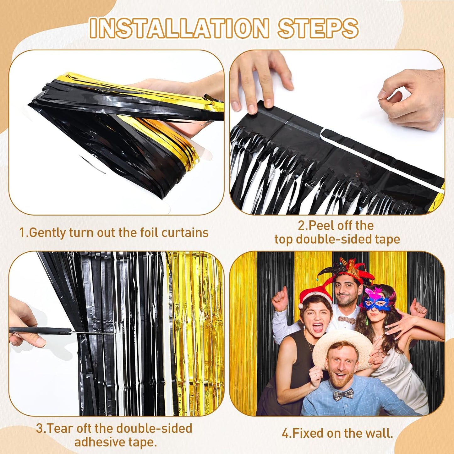 Black and Gold Party Streamers Decoration, 2Pack Graduation Tinsel Backdrop Party Decorations, Foil Fringe Backdrop for 2025 NYE/Anniversary/Farewell/Cocktail/Prom/EID/Birthdays Xmas Wedding Decors