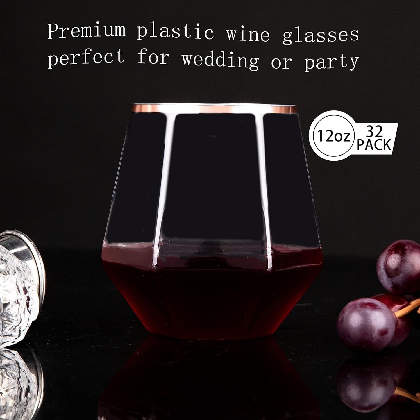 LUODA 32 Pack Rose Gold Diamond Wine Glasses, 12 Oz Stemless Rose Gold Rim Wine Glass, Disposable Clear Plastic Whiskey Glasses For Serving White Wine, Red Wine, Cocktail, Whiskey