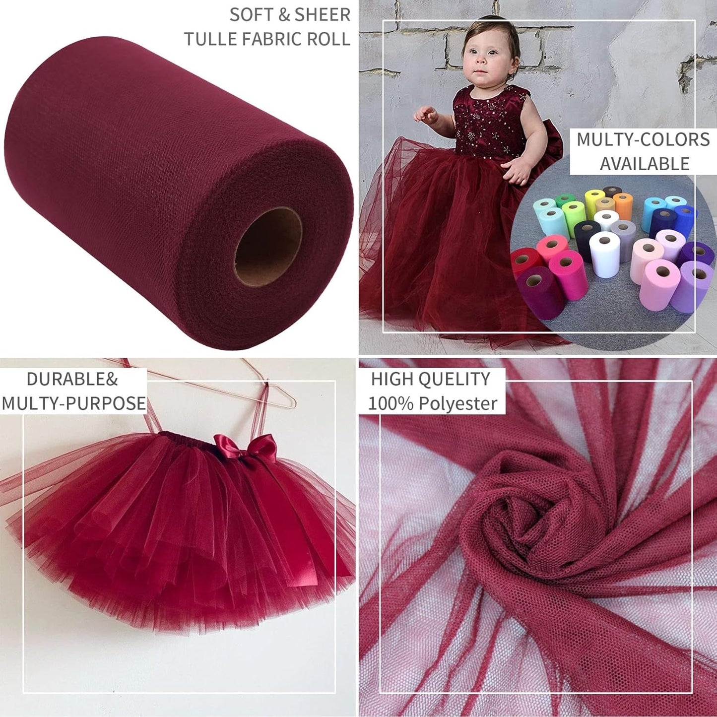 Burgundy Tulle Fabric Rolls 6 Inch by 200 Yards (600 feet) Fabric Spool Tulle Ribbon for DIY Burgundy Tutu Bow Baby Shower Birthday Party Wedding Decorations Craft Supplies