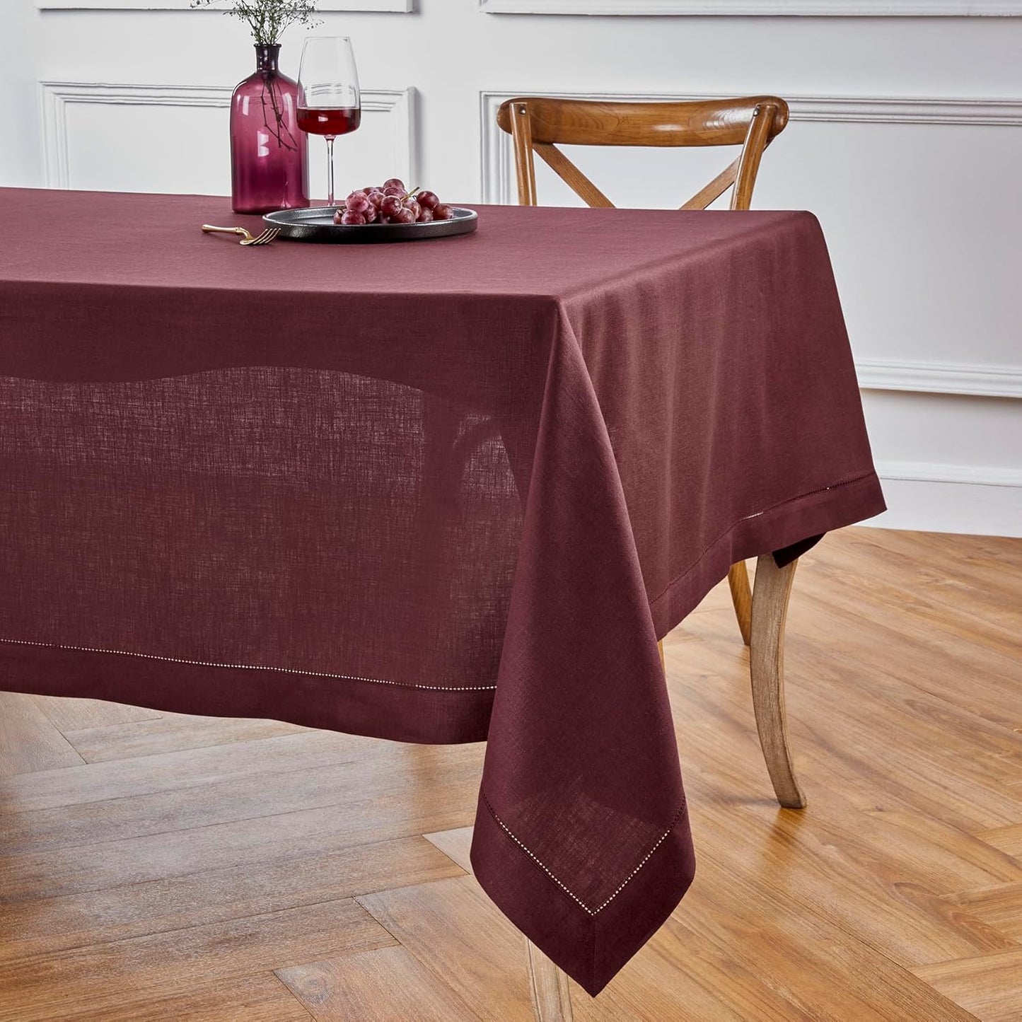 Solino Home Linen Burgundy Tablecloth 60 x 90 Inch - Classic Hemstitch, 100% Pure Linen Rectangular Tablecloth - Machine Washable Table Cloth for Fall, Autumn, Thanksgiving, Christmas, Holiday