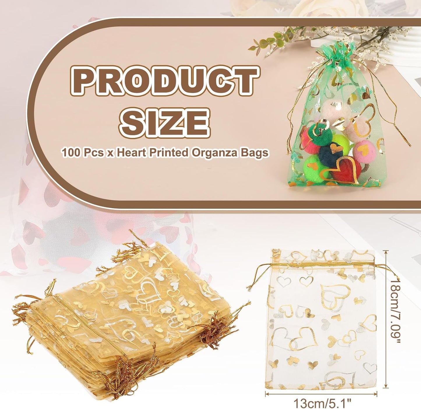 PATIKIL 100 Pcs 5x7 Inch Heart Printed Organza Bags, Gold Sheer Heart Organza Bags with Drawstring for Christmas Candy Jewelry Party Wedding Favor Gift