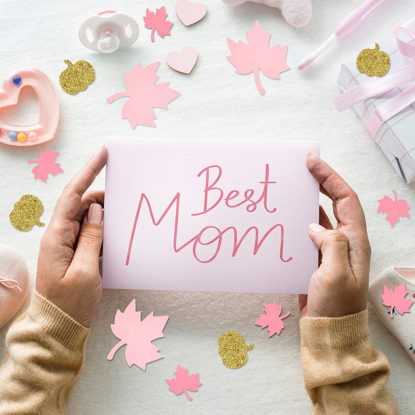 Sumind 200 Pieces Thanksgiving Pink and Gold Pumpkin Confetti Christmas Baby Shower Maple Leaf Confetti Glitter Thanksgiving Pumpkin Decorations Table Decorations for Birthday Party Supplies (Simple)