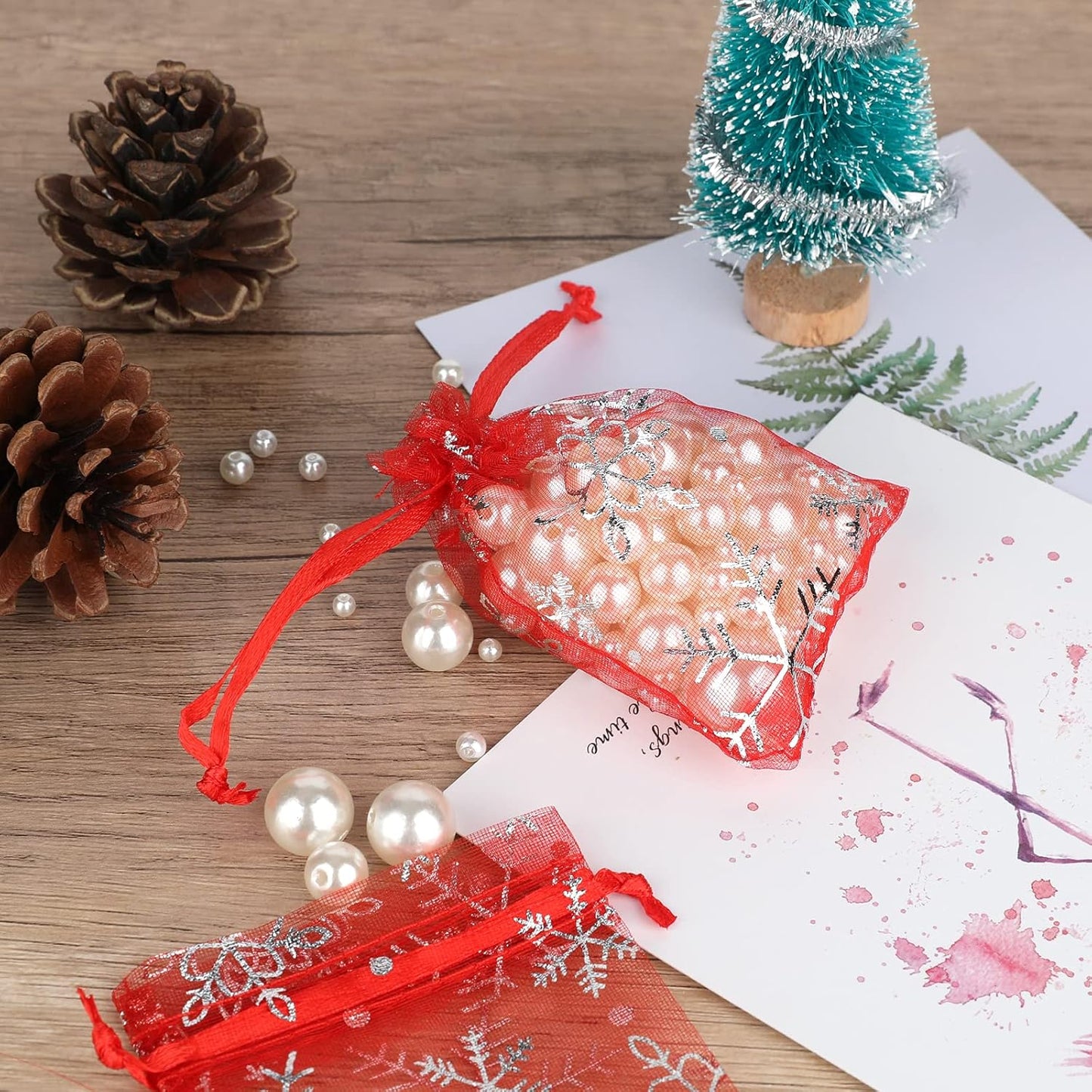 jijAcraft 3x4 Inch Christmas Organza Bags - 50Pcs Red Snowflake Gift Bags with Drawstring, Xmas Party Favor Sheer Mesh Pouches for Winter Gift, Candy, Jewelry Bag